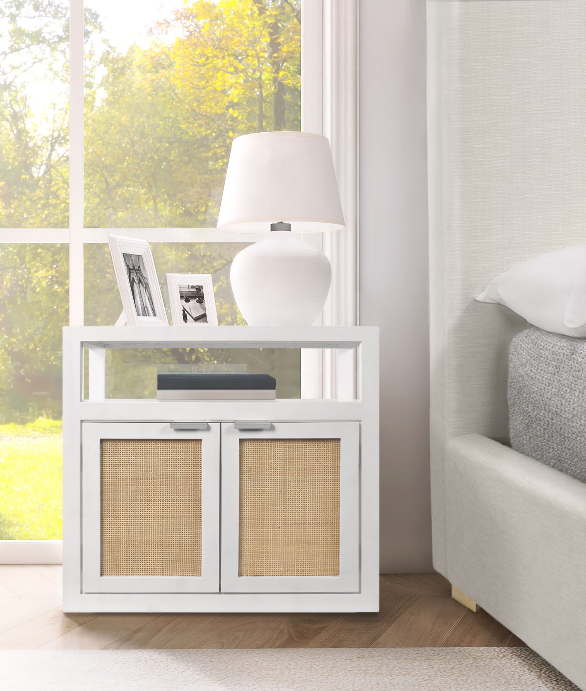 Cambria 2-Door Wood Veneer & Natural Cane Nightstand
