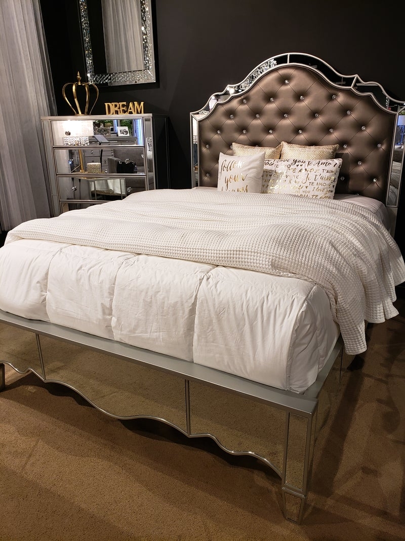 Eliora Leatherette/Mirror/Wood Tufted Panel Bed, California King Size