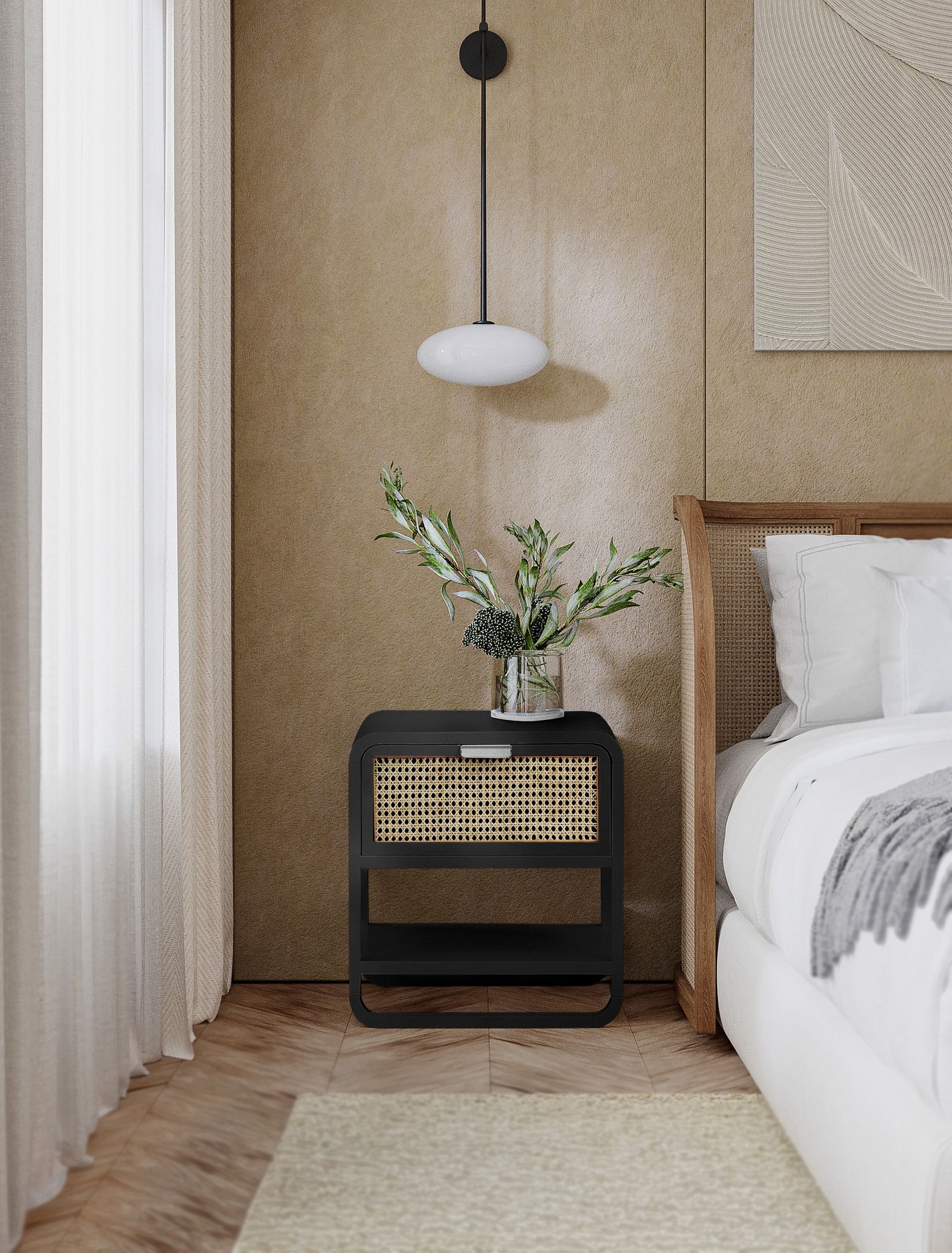 Sage 1-Drawer Wood Nightstand with Natural Cane Drawer Front