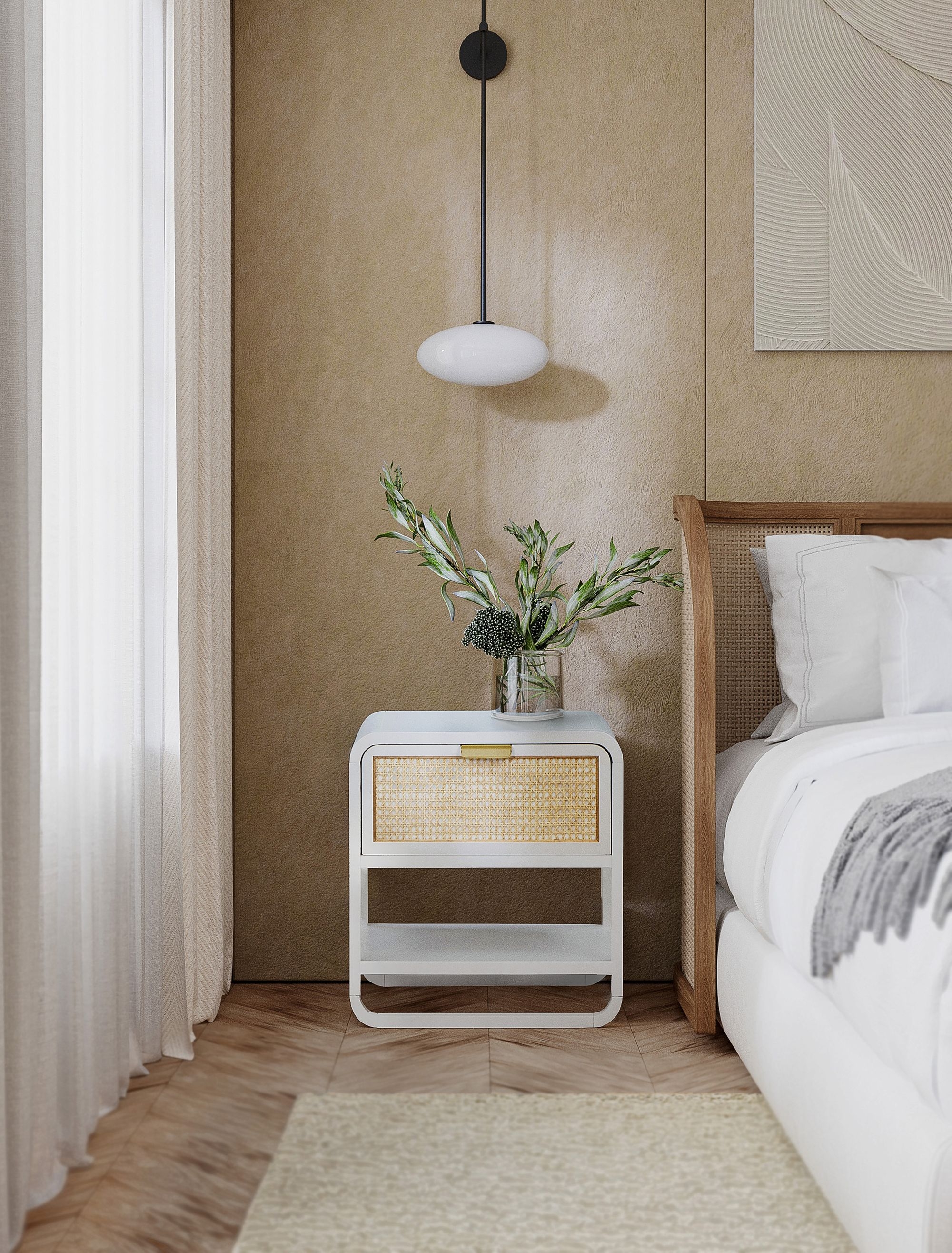 Sage 1-Drawer Wood Nightstand with Natural Cane Drawer Front