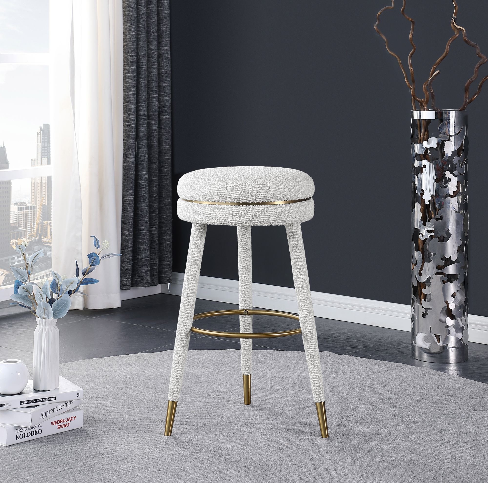 Coral Boucle Fabric Swivel Bar Stool