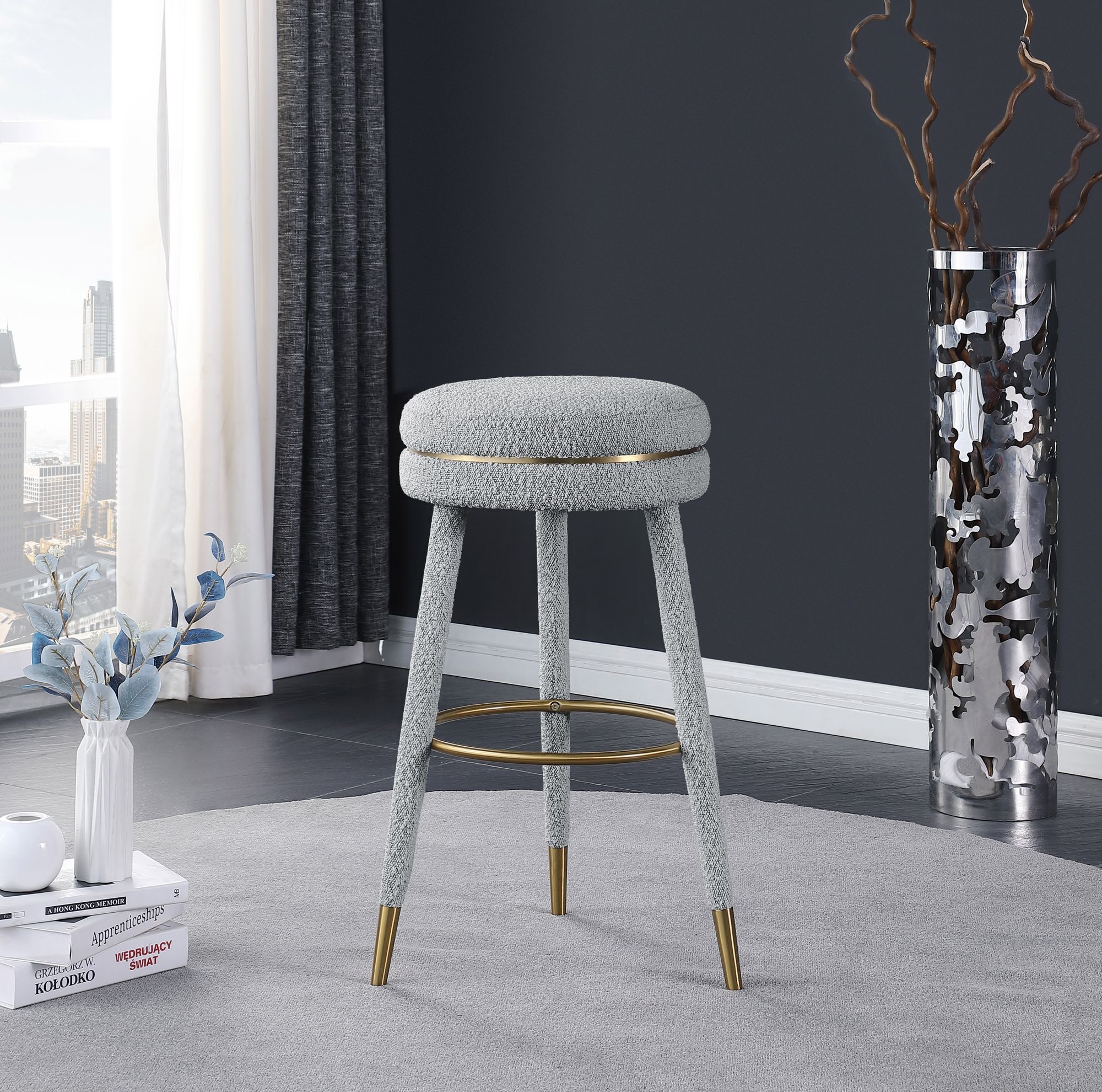 Coral Boucle Fabric Swivel Bar Stool