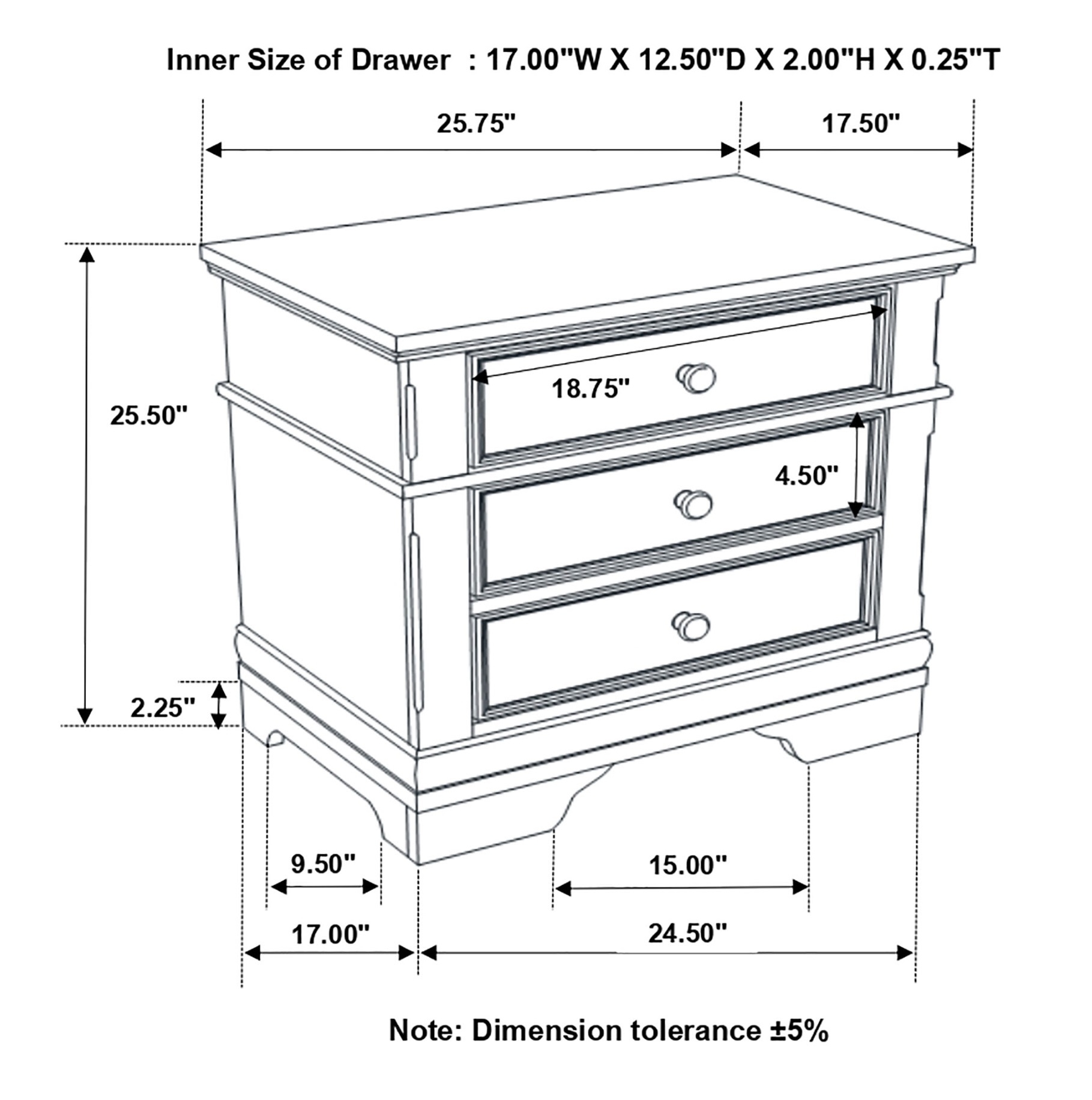 Cambridge Wood Nightstand w/3 Drawers