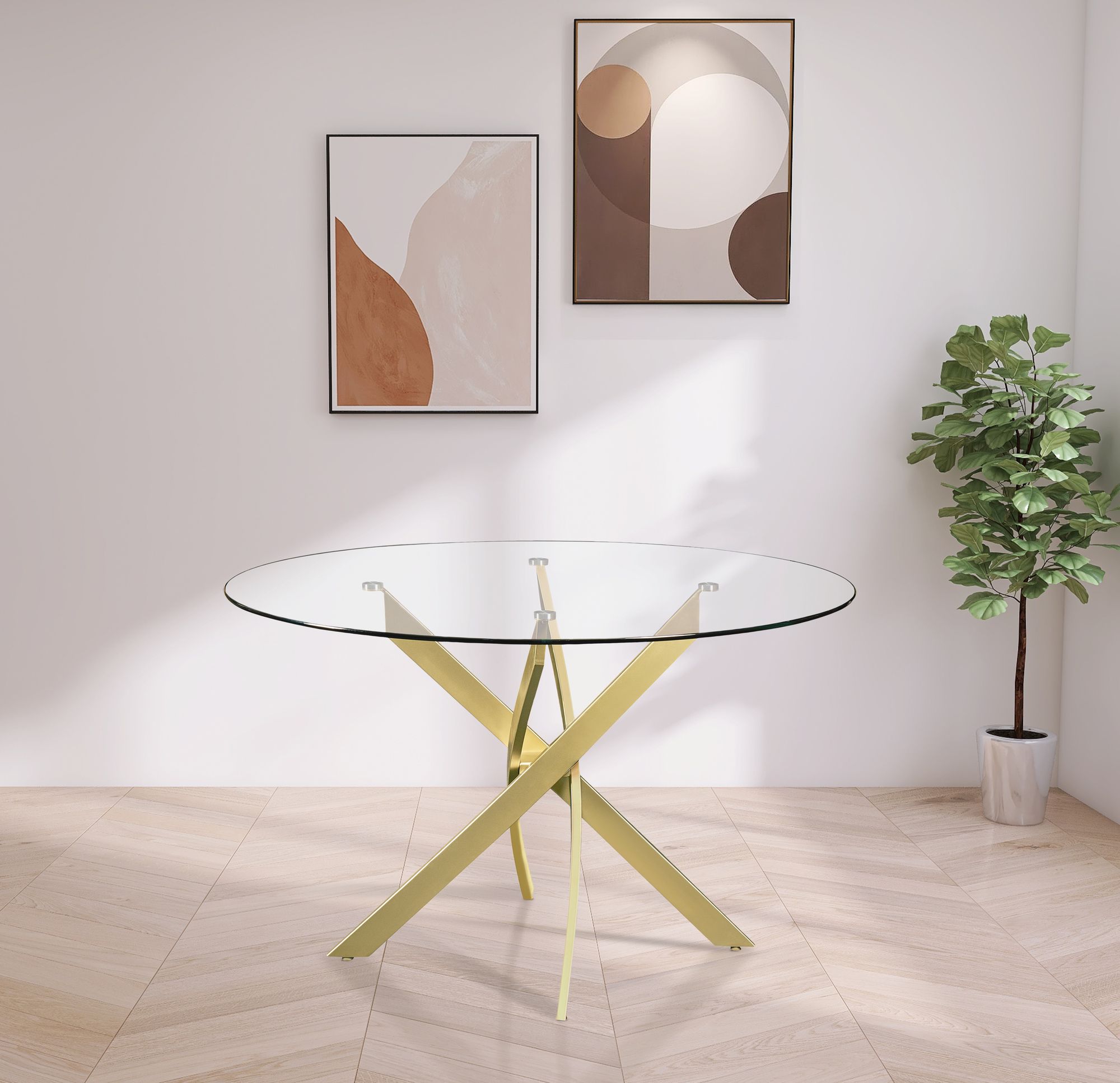 Xander 48" Round Glass Dining Table with Brushed Gold Metal Base