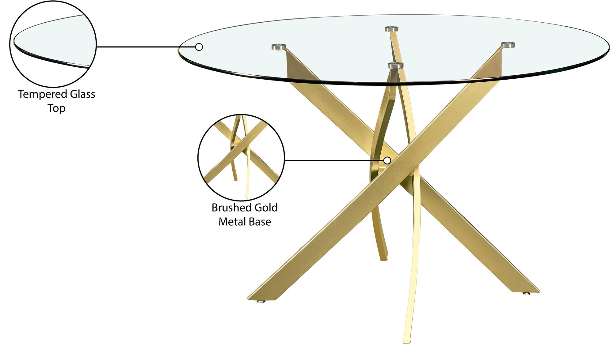 Xander 48" Round Glass Dining Table with Brushed Gold Metal Base