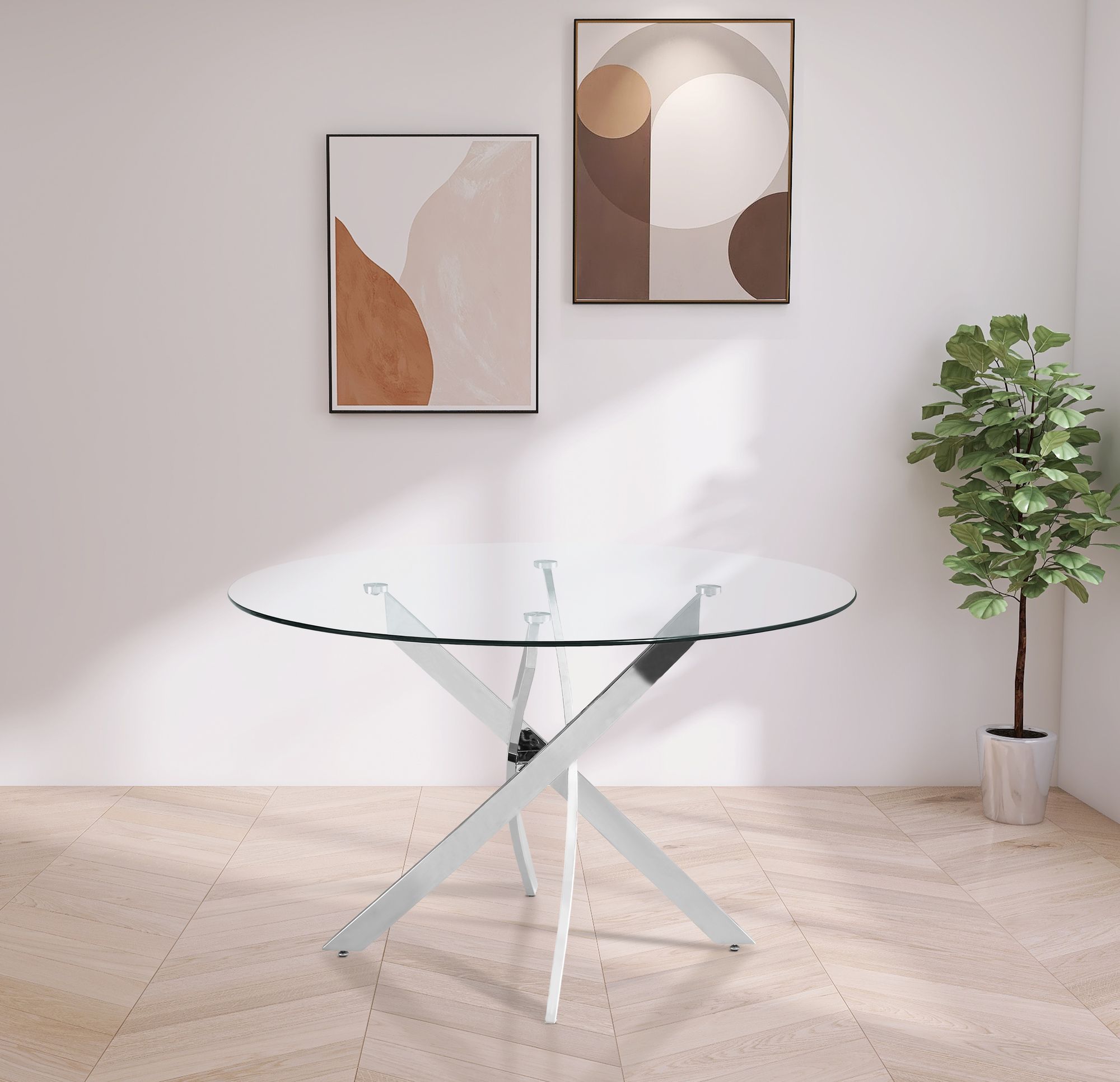 Xander 48" Round Glass Dining Table with Chrome Metal Base
