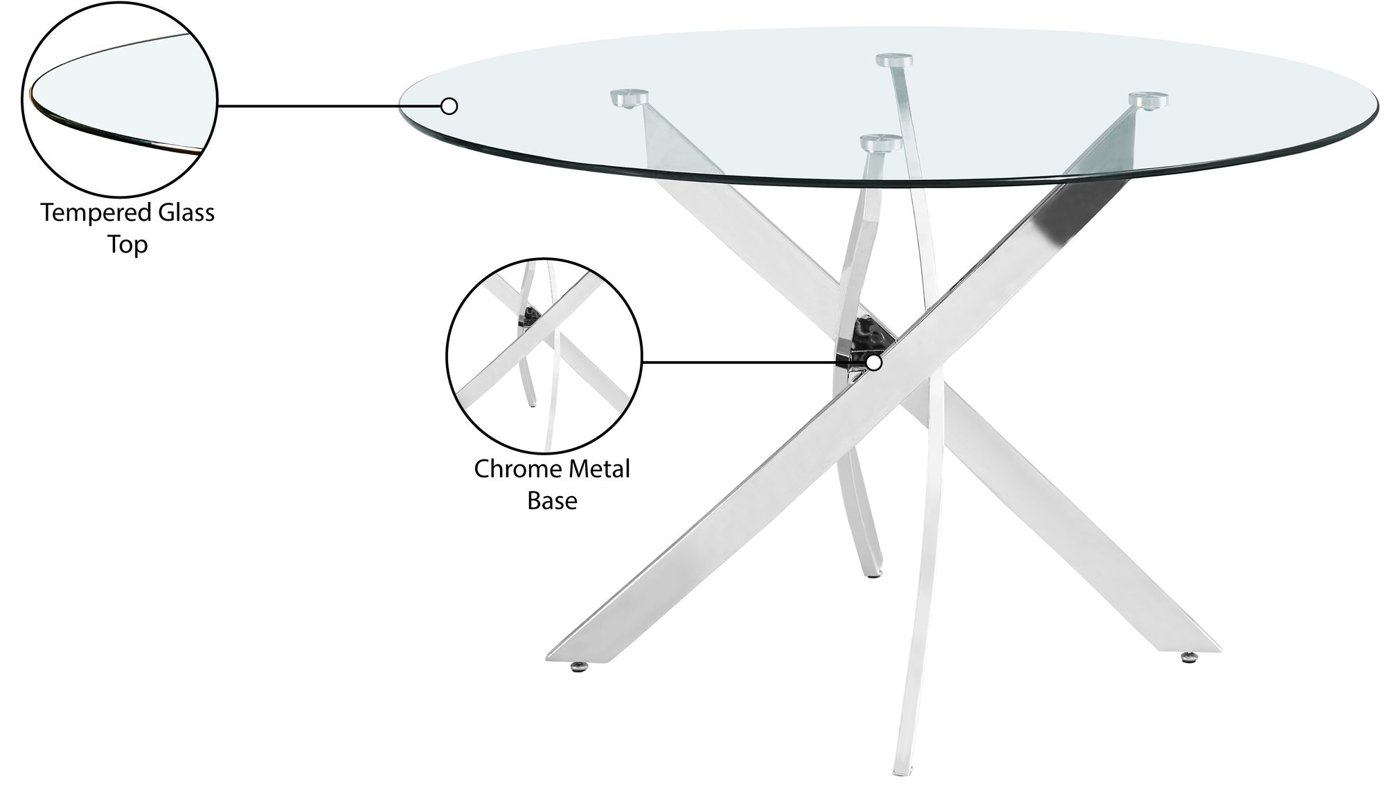Xander 48" Round Glass Dining Table with Chrome Metal Base