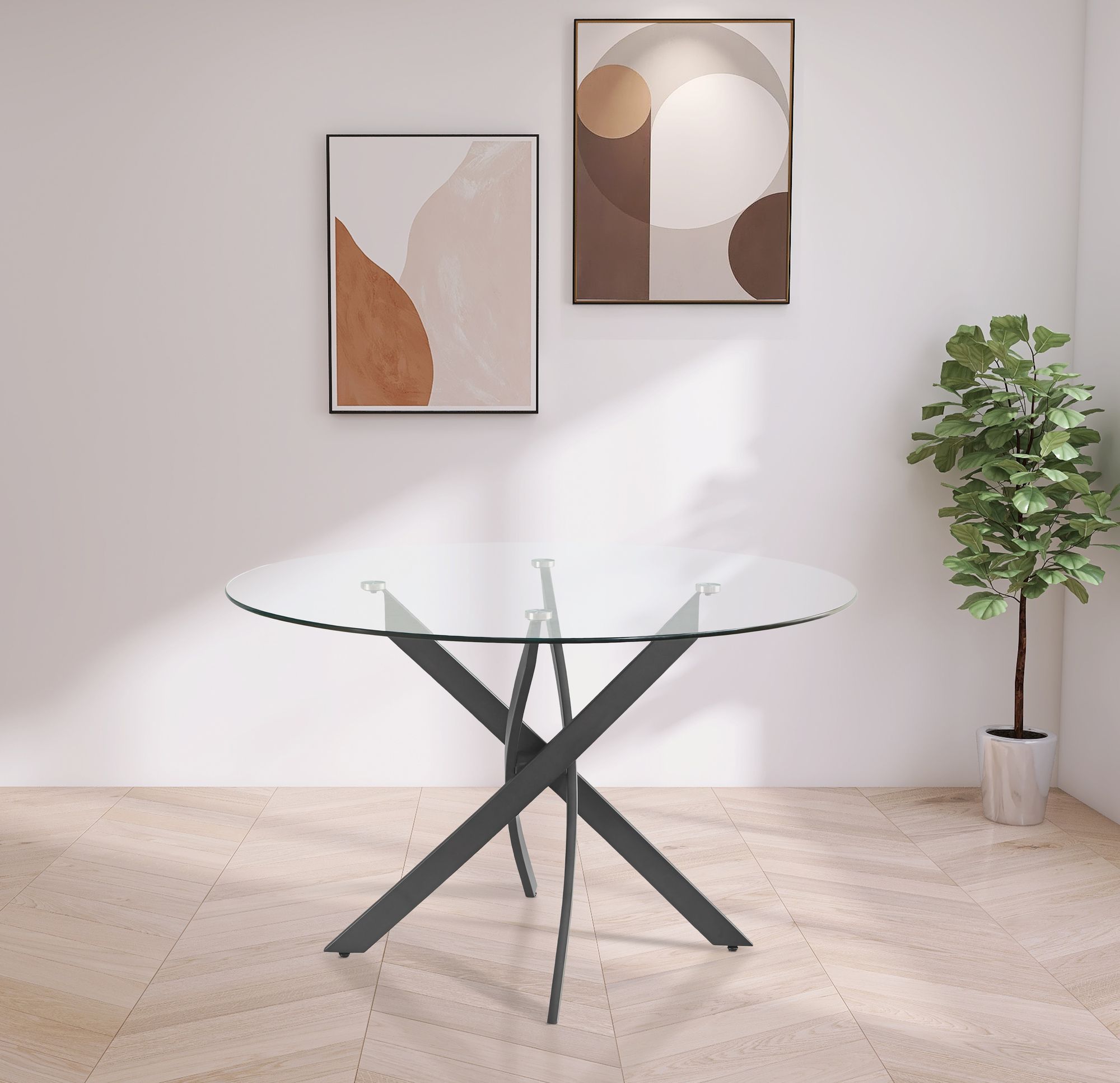 Xander 48" Round Glass Dining Table with Matte Black Metal Base