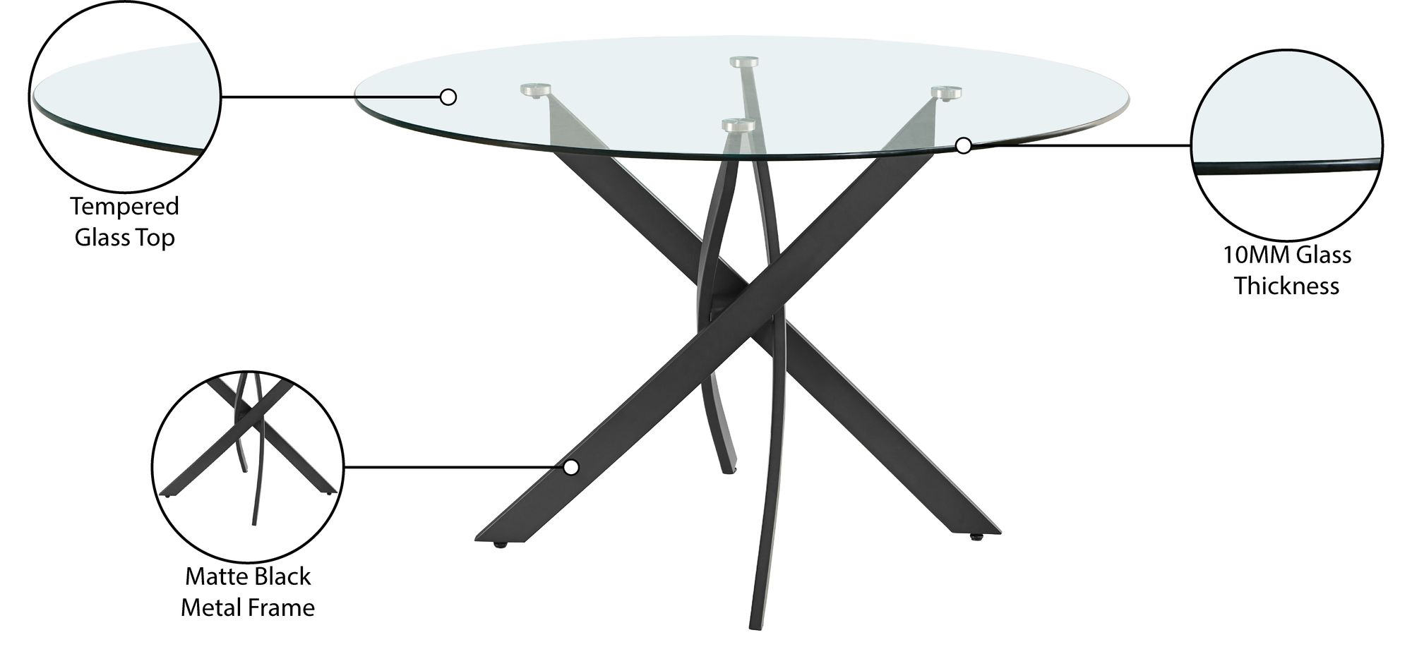 Xander 48" Round Glass Dining Table with Matte Black Metal Base