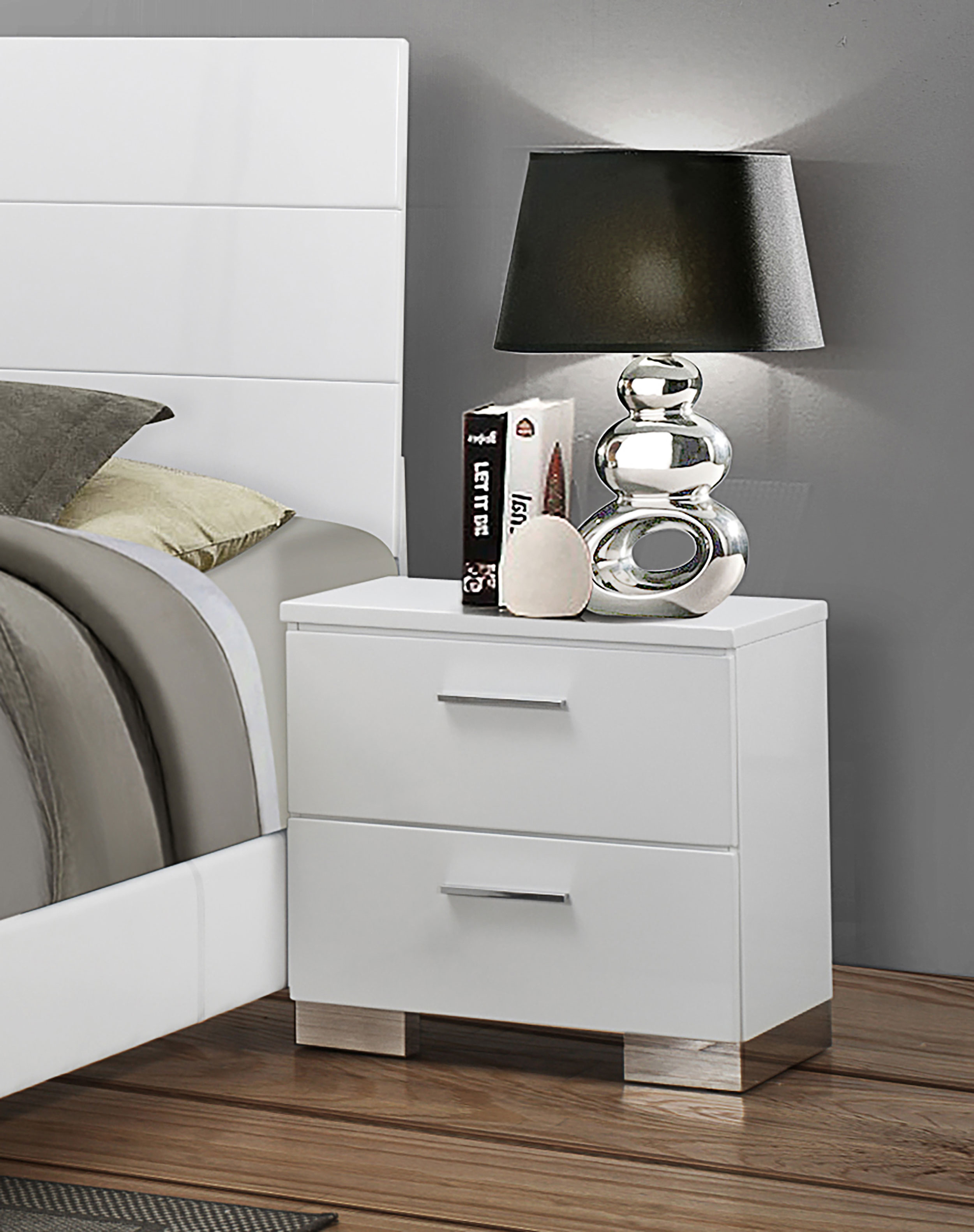 PAGED High Gloss Nightstand Modern Side Table with 2 Storage Drawers and Metal Handles, Bedside Cabinet for Bedroom, Living Room