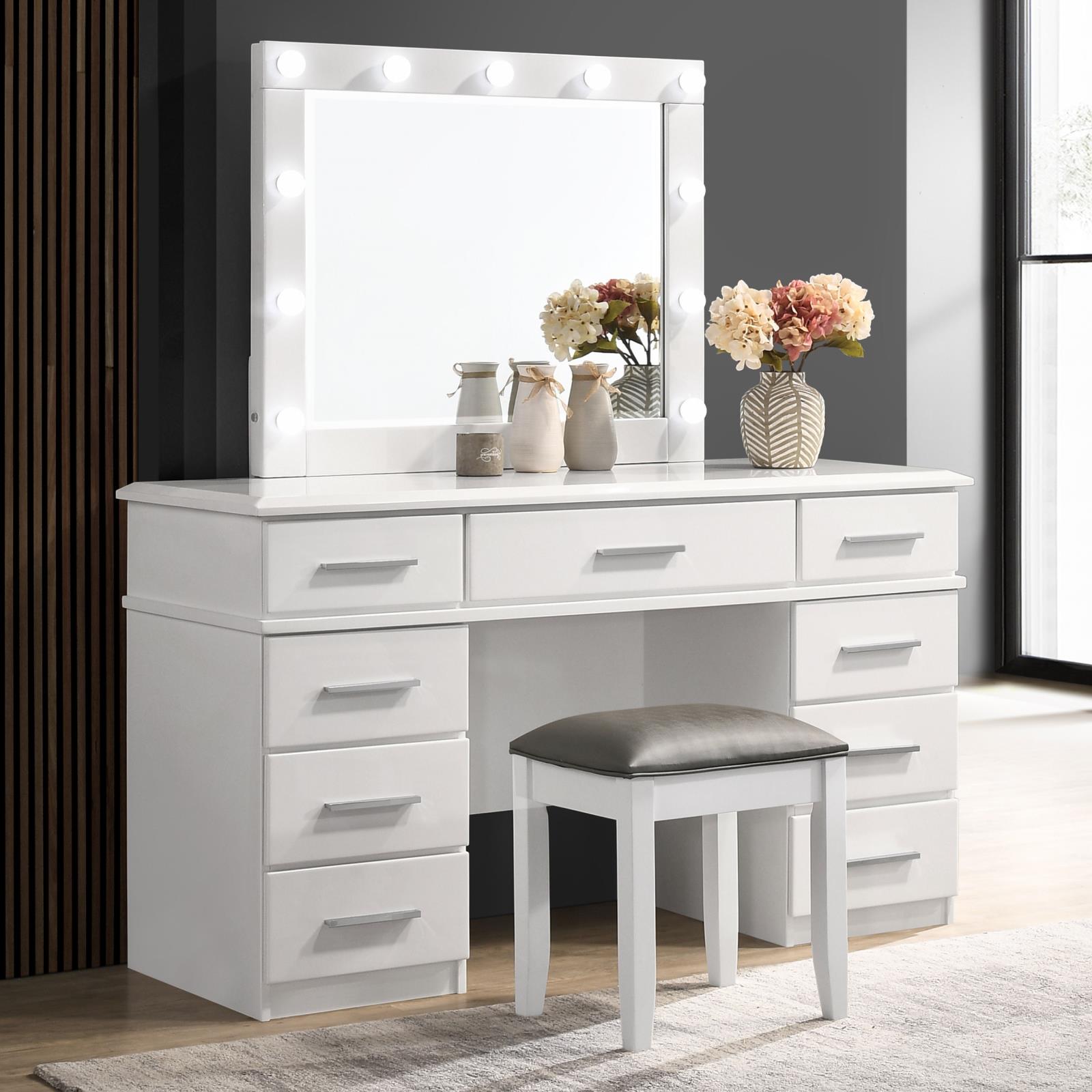 Felicity Vanity Desk w/9 Drawers & Lighted Mirror 