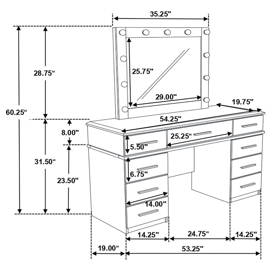 Felicity Vanity Desk w/9 Drawers & Lighted Mirror 