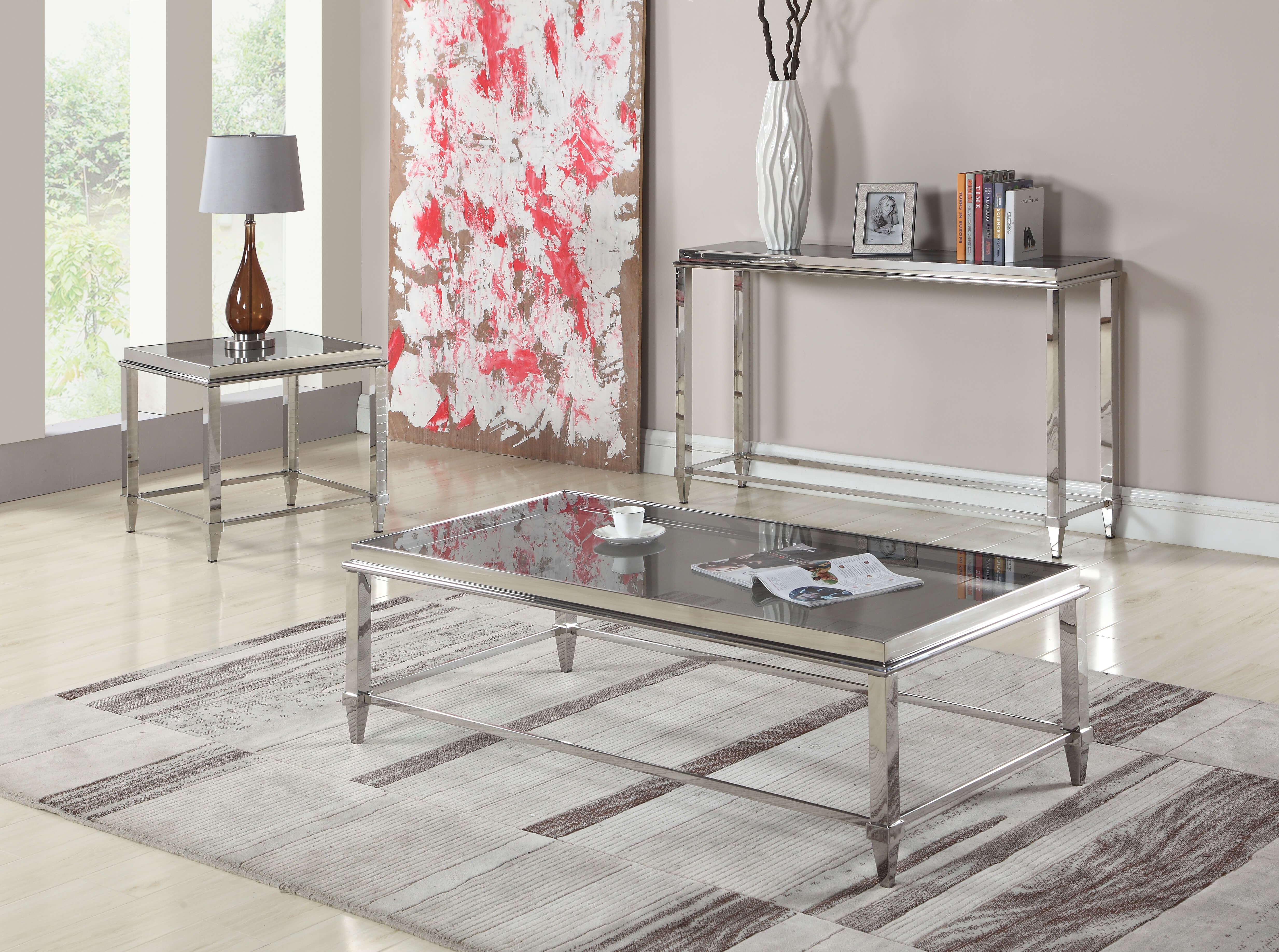 2035 Square Coffee Table w/Glass Top & Gray Trim