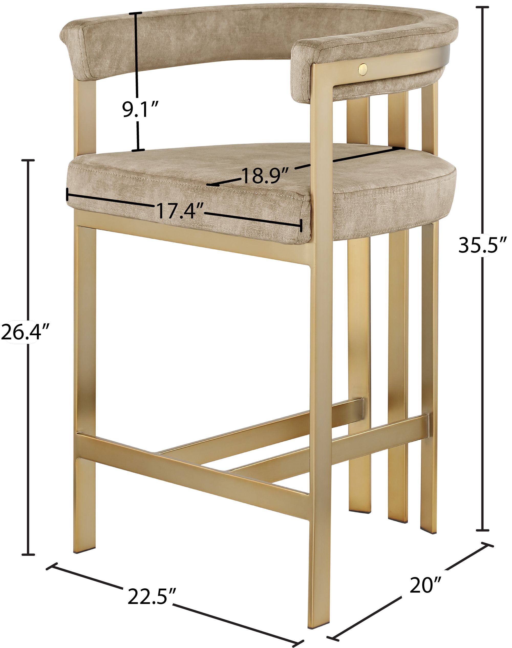 Marcello Velvet Counter Stool with Brushed Brass Frame