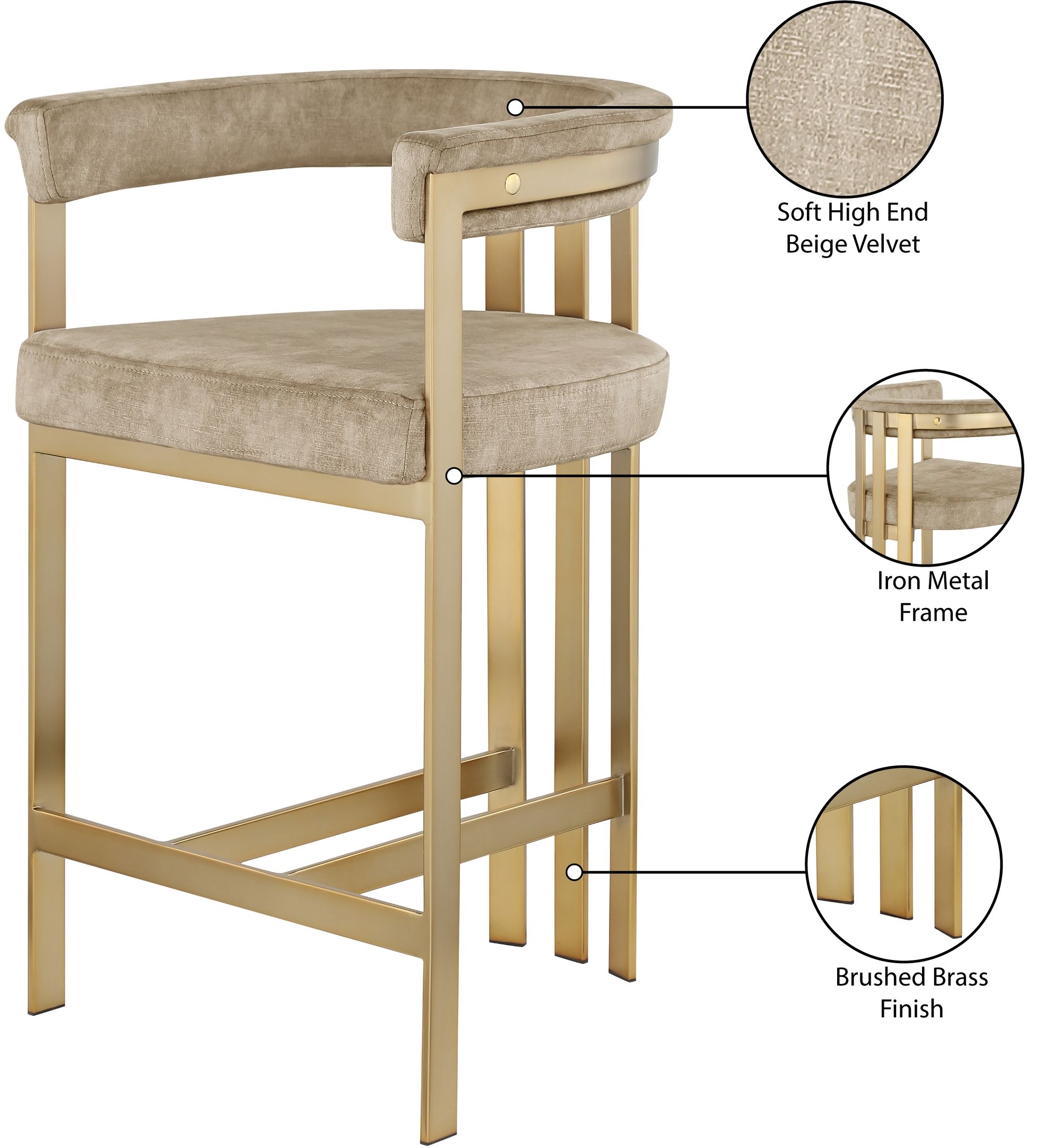 Marcello Velvet Counter Stool with Brushed Brass Frame