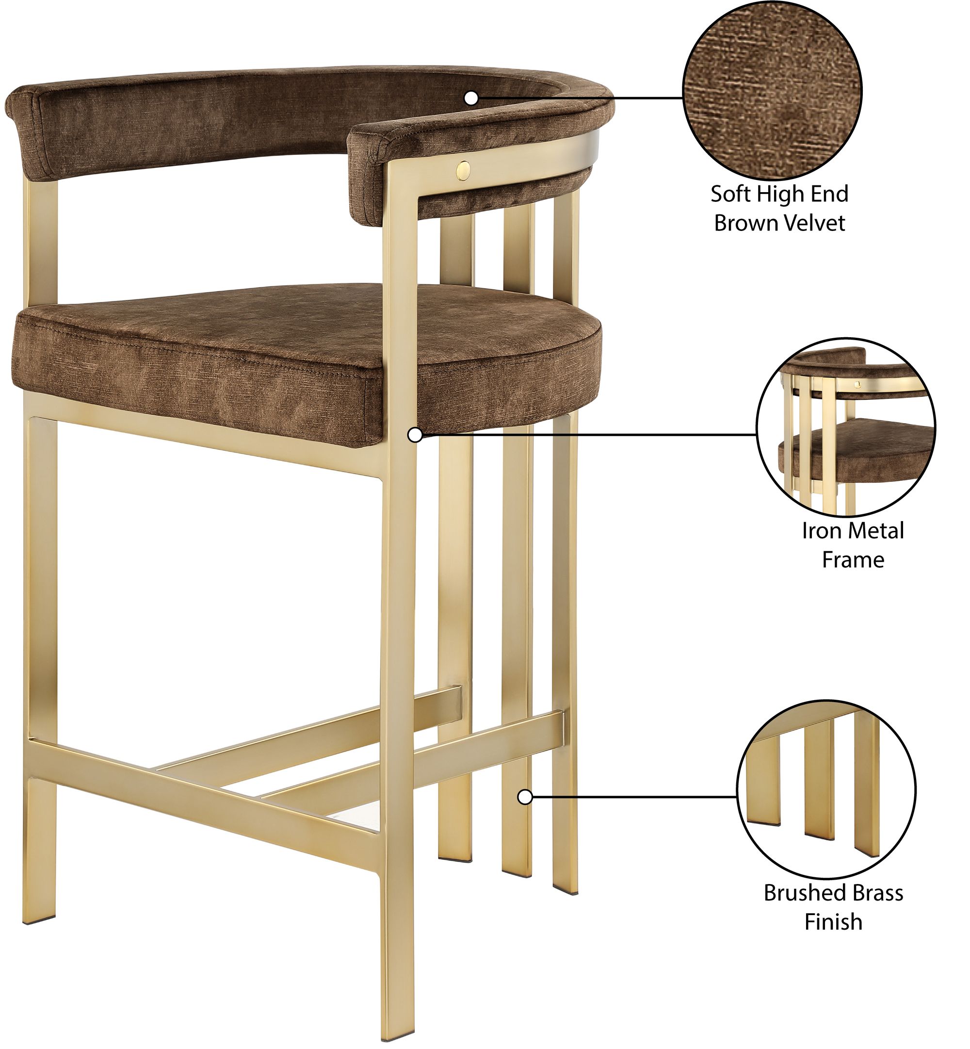 Marcello Velvet Counter Stool with Brushed Brass Frame
