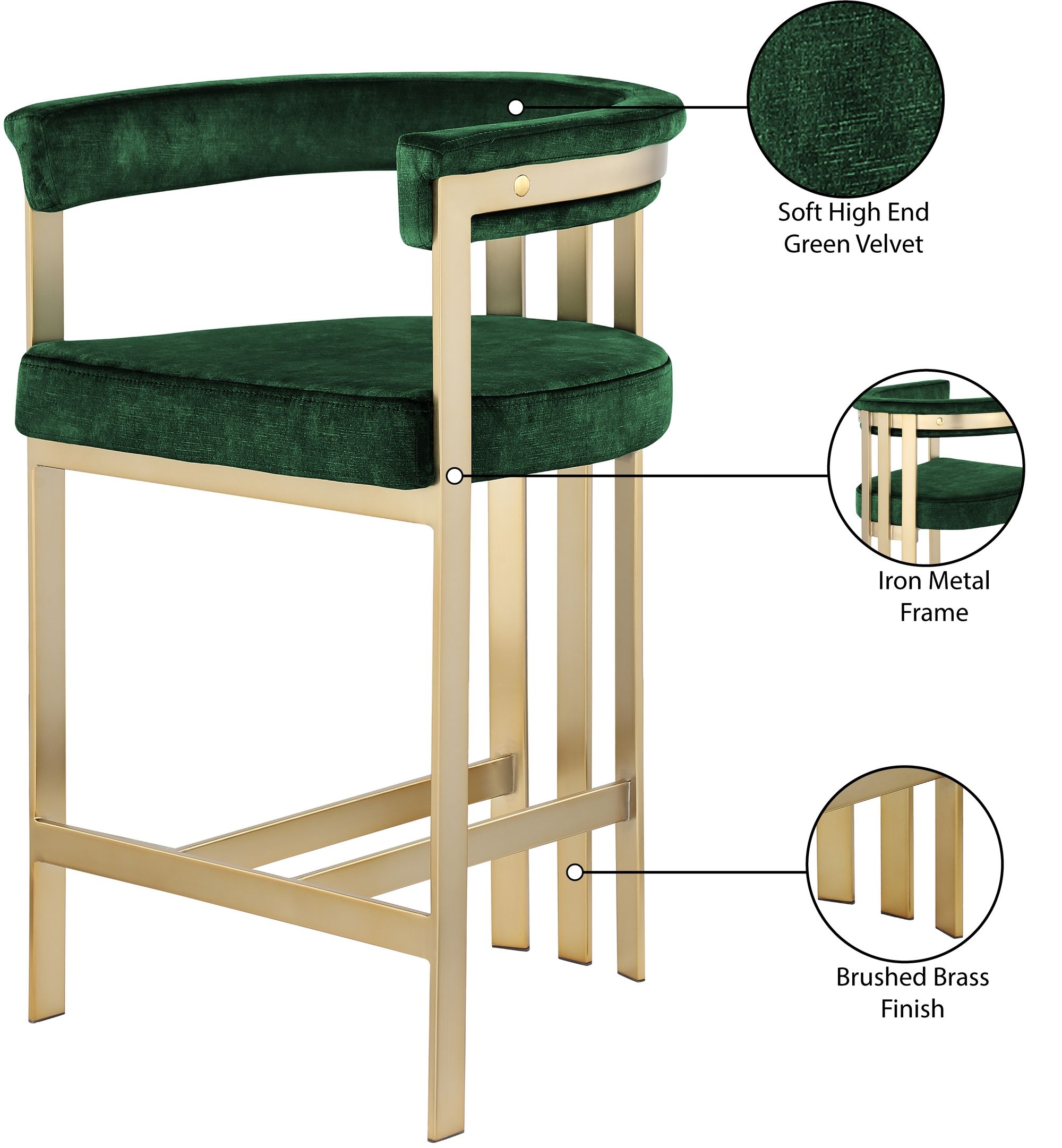 Marcello Velvet Counter Stool with Brushed Brass Frame