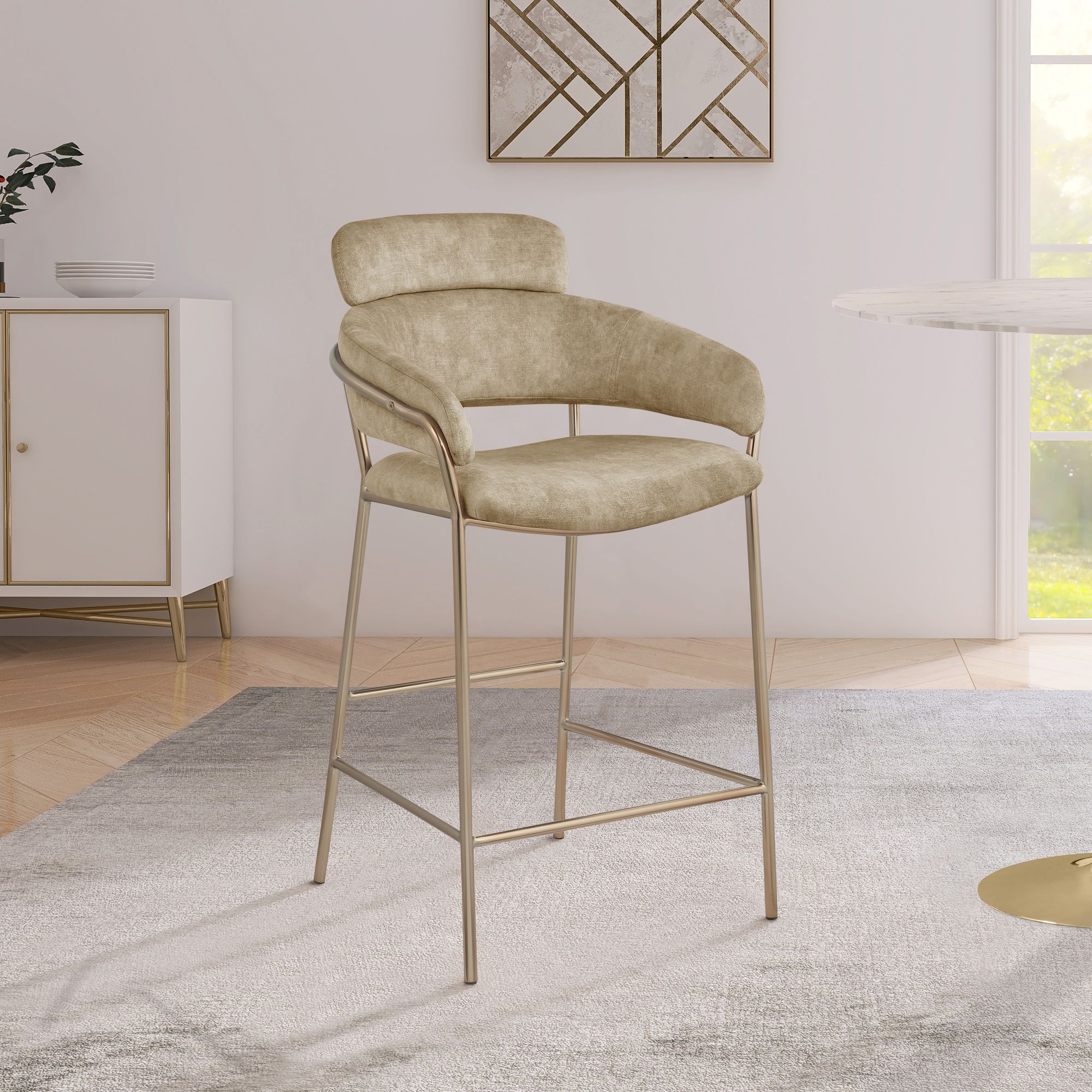 Yara Velvet Counter Stool with Brushed Brass Metal Frame