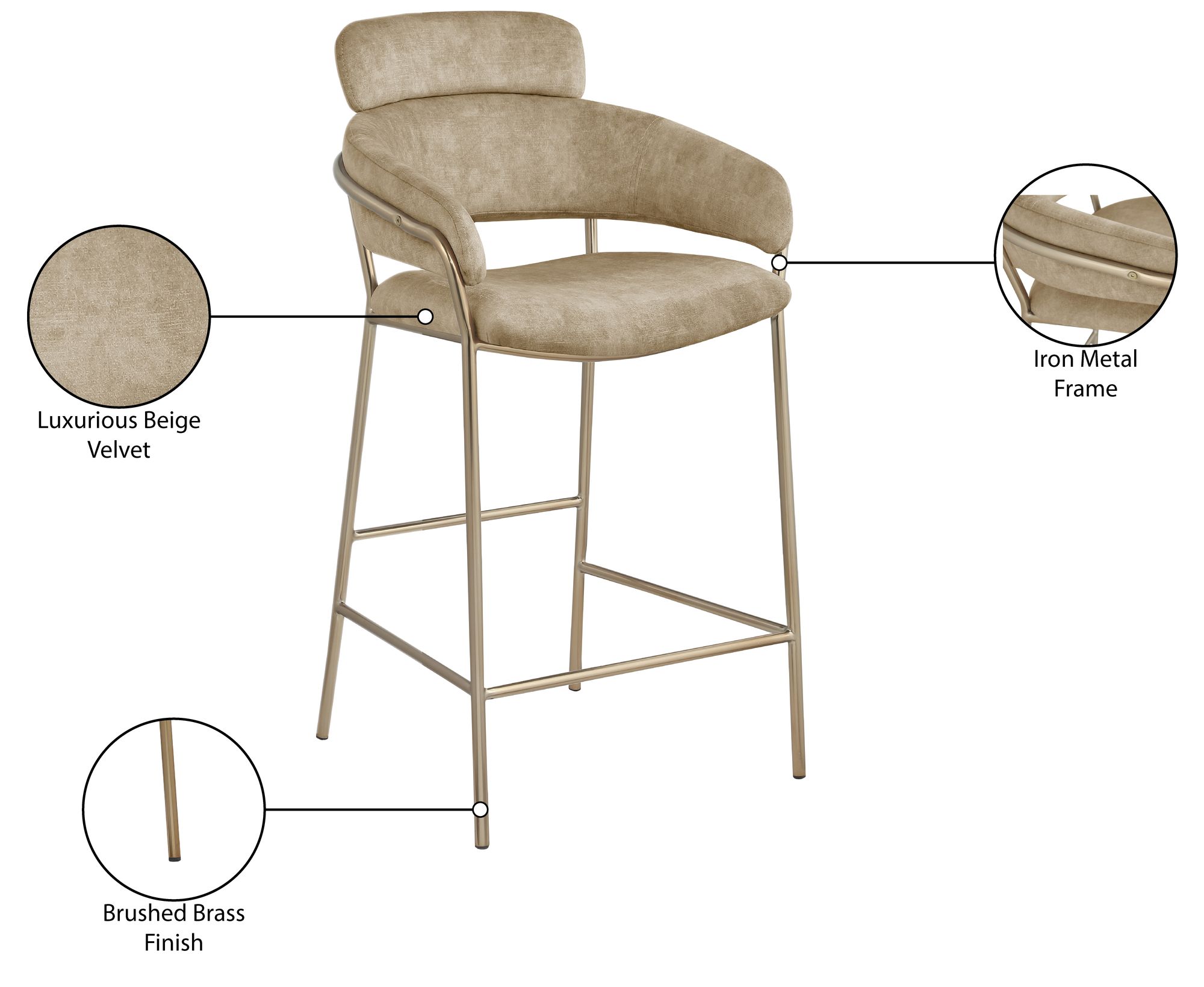Yara Velvet Counter Stool with Brushed Brass Metal Frame