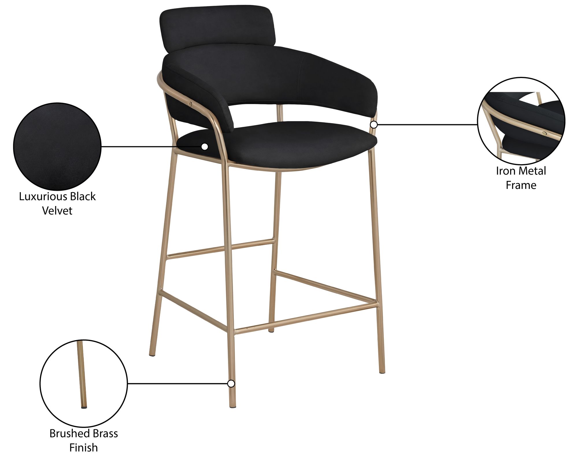 Yara Velvet Counter Stool with Brushed Brass Metal Frame