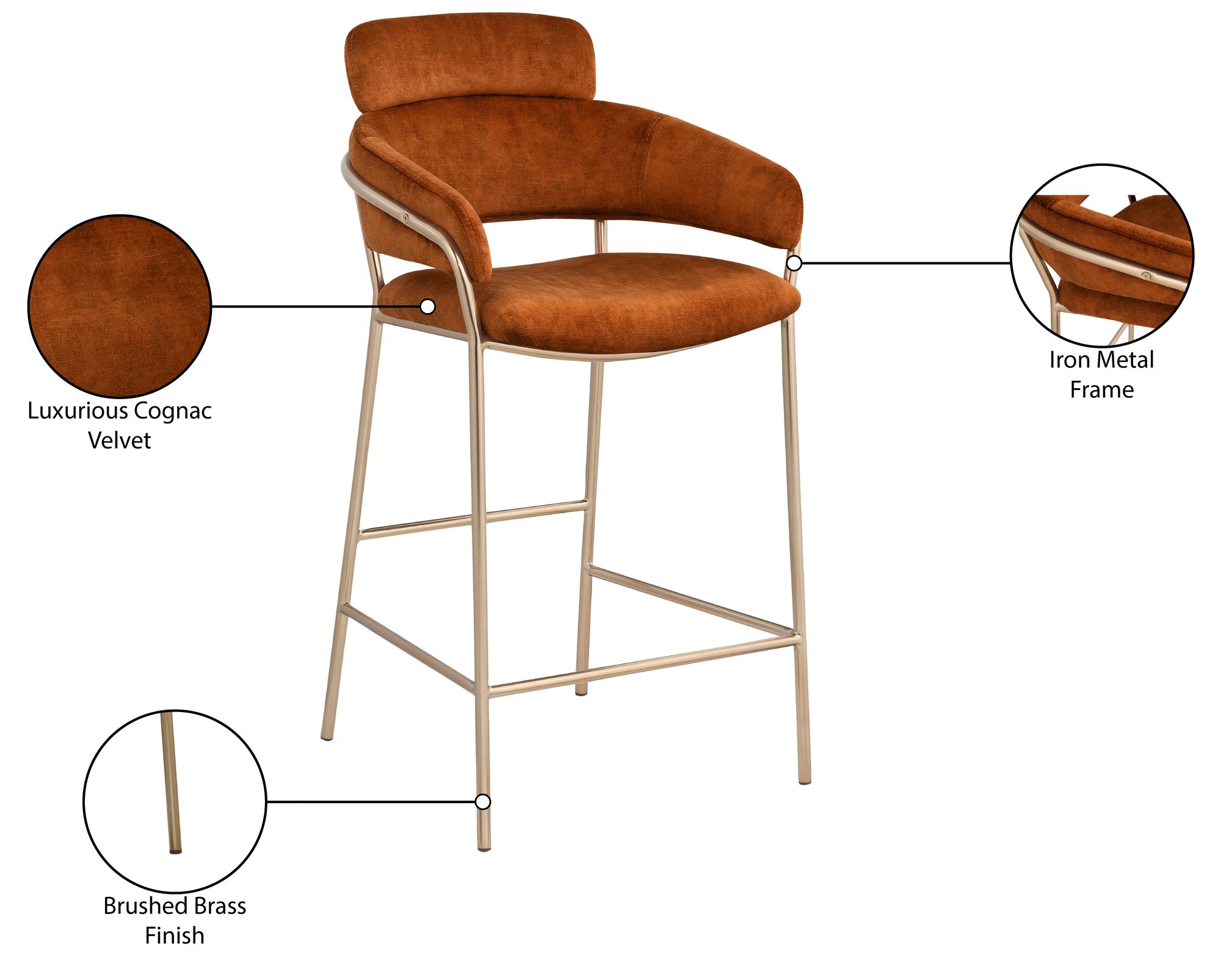 Yara Velvet Counter Stool with Brushed Brass Metal Frame