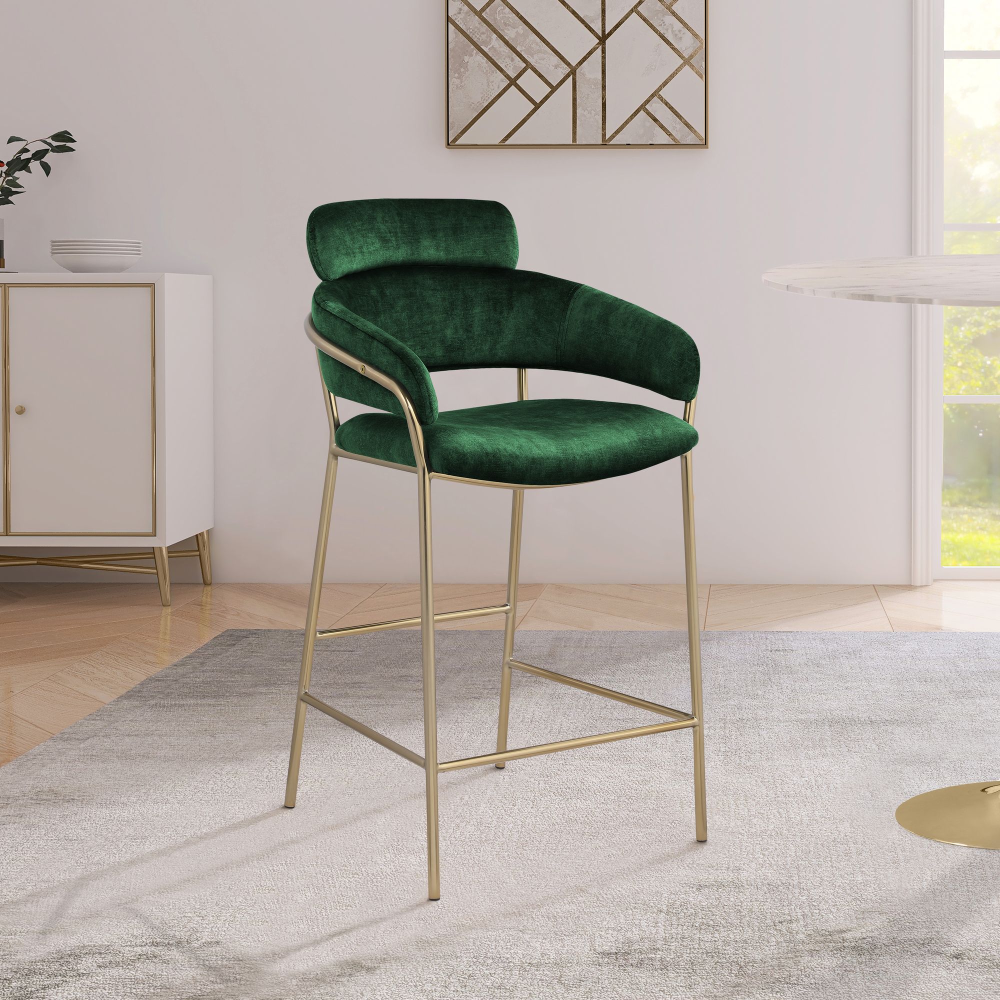 Yara Velvet Counter Stool with Brushed Brass Metal Frame
