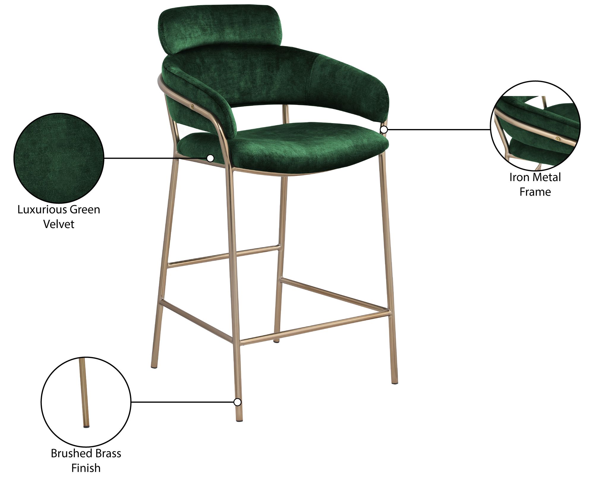 Yara Velvet Counter Stool with Brushed Brass Metal Frame