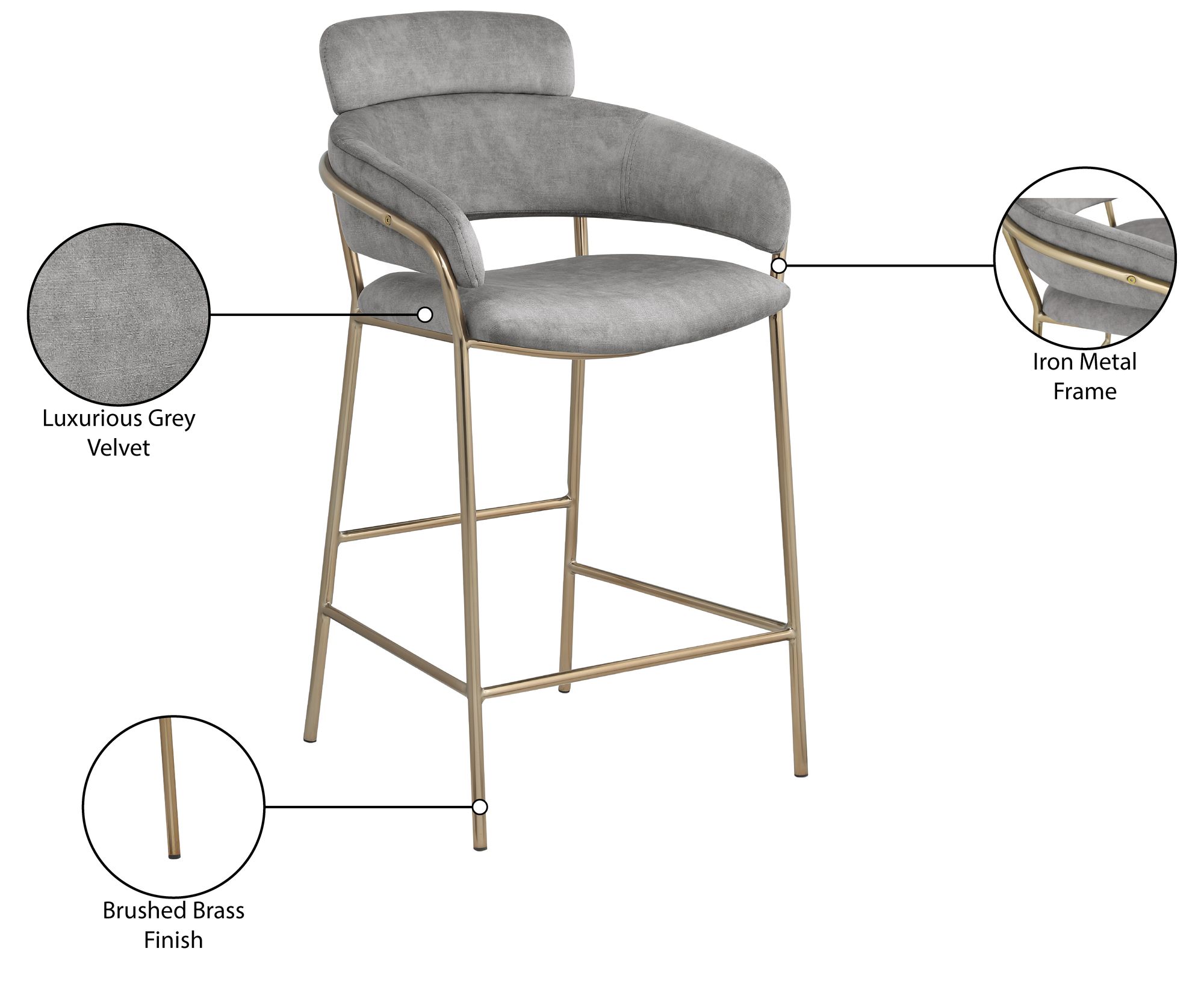 Yara Velvet Counter Stool with Brushed Brass Metal Frame