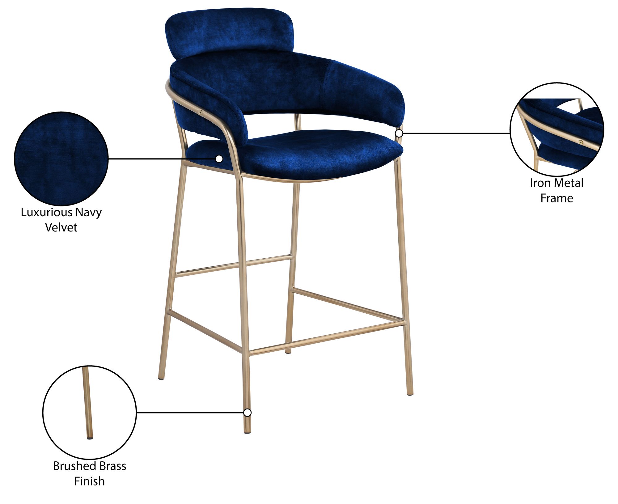 Yara Velvet Counter Stool with Brushed Brass Metal Frame