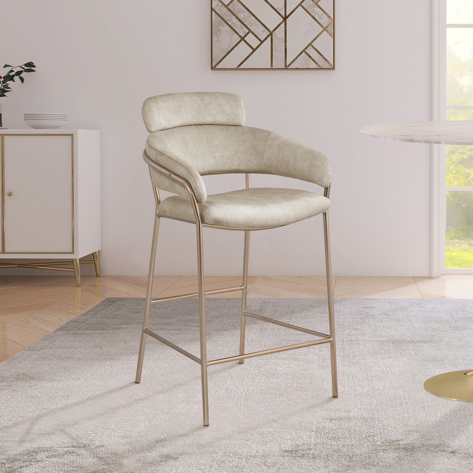 Yara Velvet Counter Stool with Brushed Brass Metal Frame