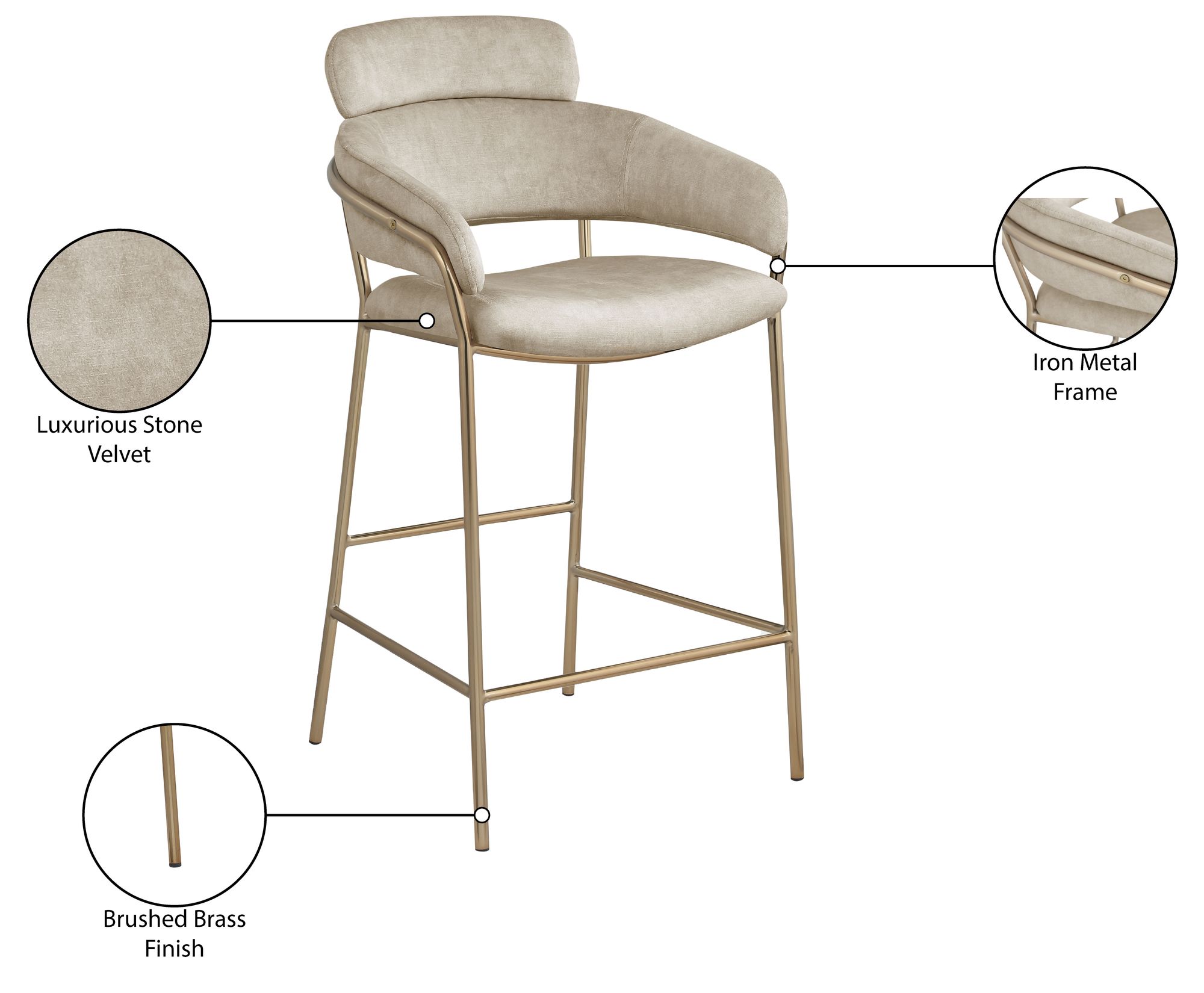 Yara Velvet Counter Stool with Brushed Brass Metal Frame