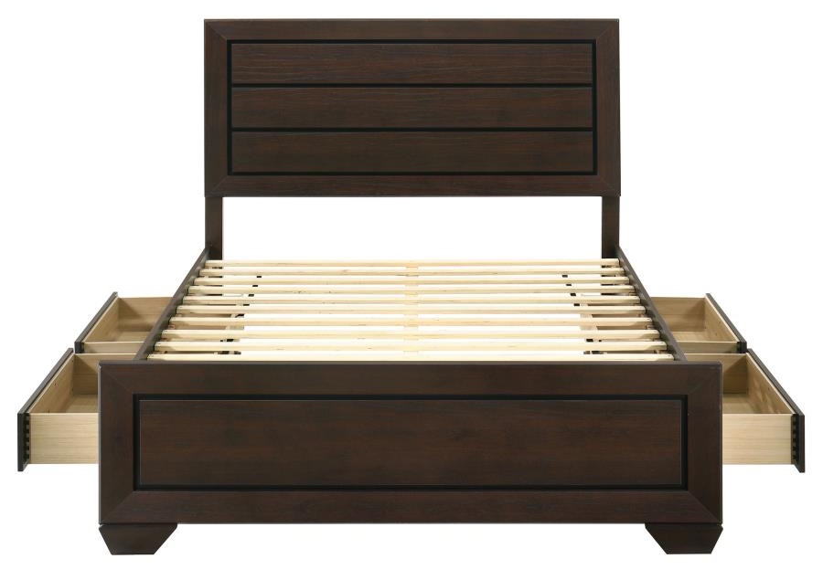 Bed with Horizontal Planked Headboard, 4 Drawers, and Side