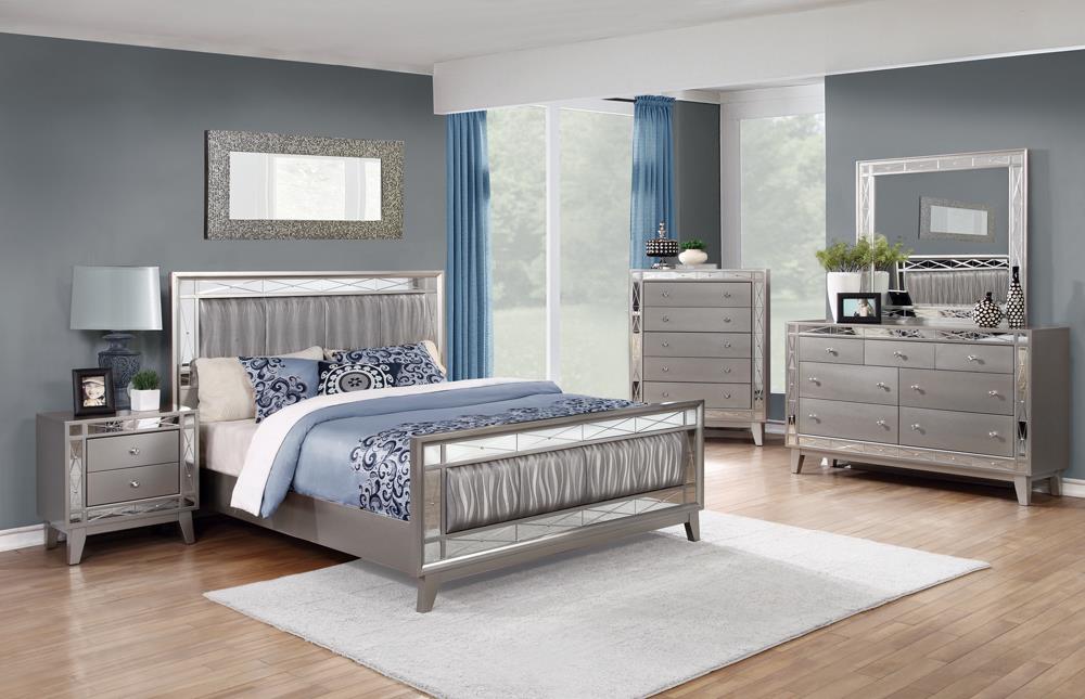 Leighton Leatherette/Wood Panel Bed w/Mirrored Accents, Queen Size