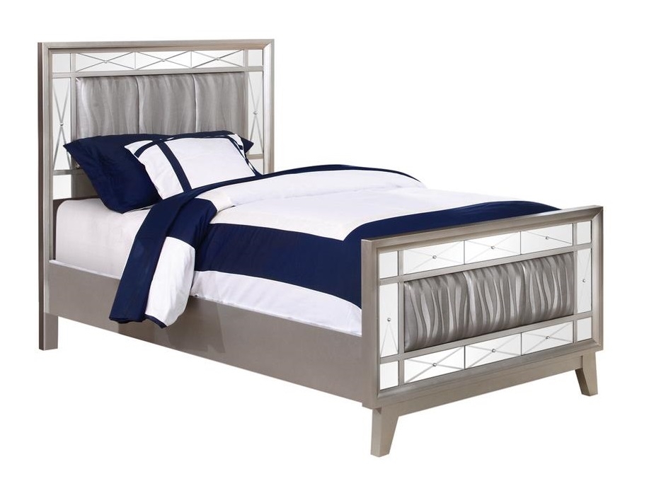 Leighton Leatherette/Wood Panel Bed w/Mirrored Accents