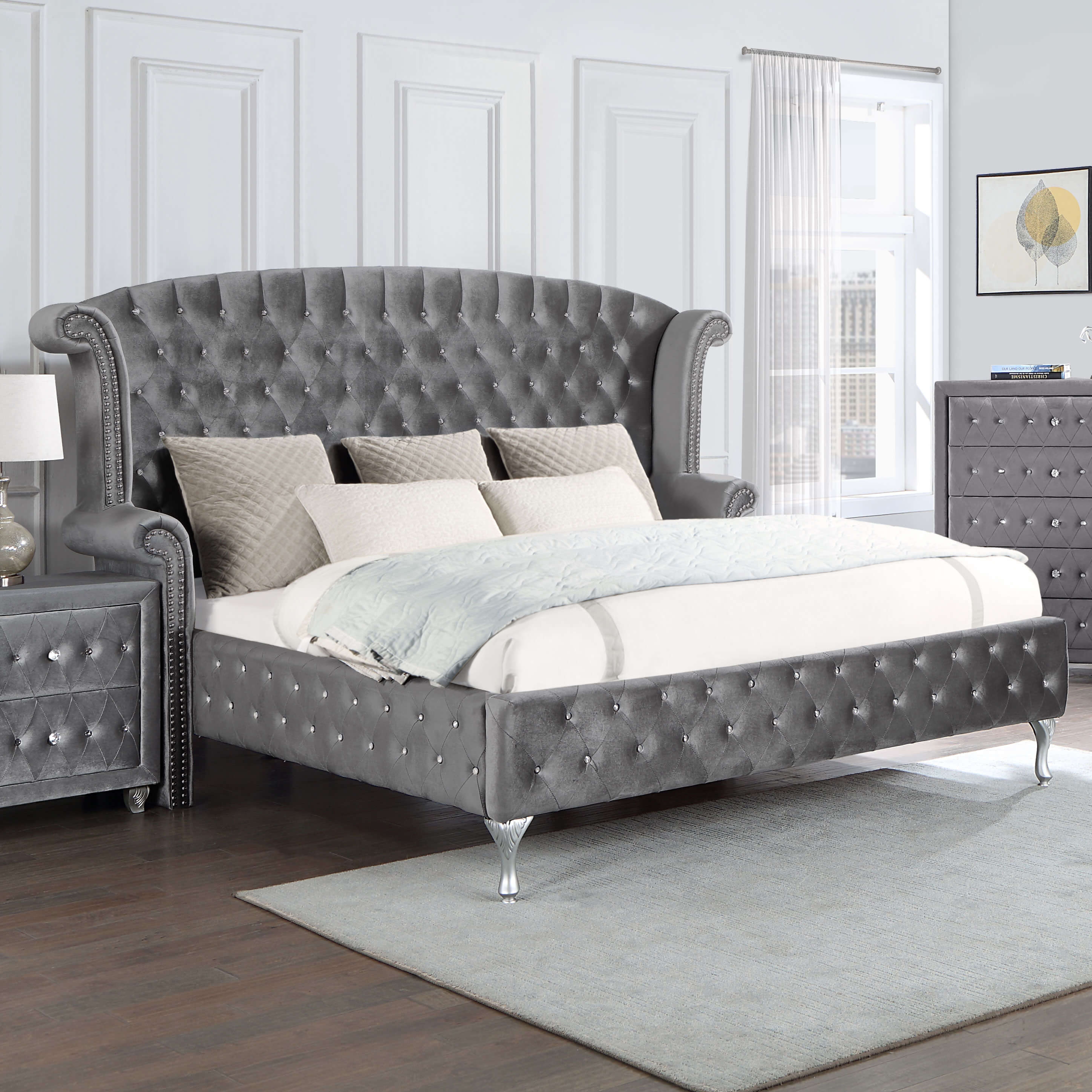 Deanna Velvet Tufted Panel Bed, Queen Size