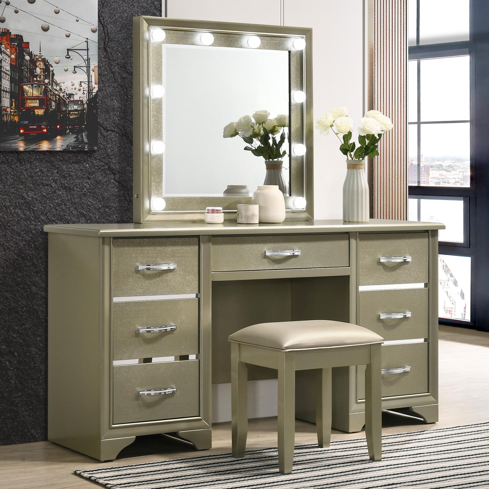 Beaumont Vanity Desk w/7 Drawers & Lighting Mirror