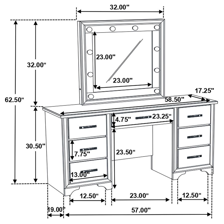 Beaumont Vanity Desk w/7 Drawers & Lighting Mirror