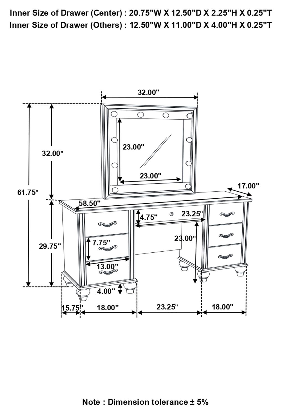 Barzini 7-drawer Vanity Desk w/Lighted Mirror