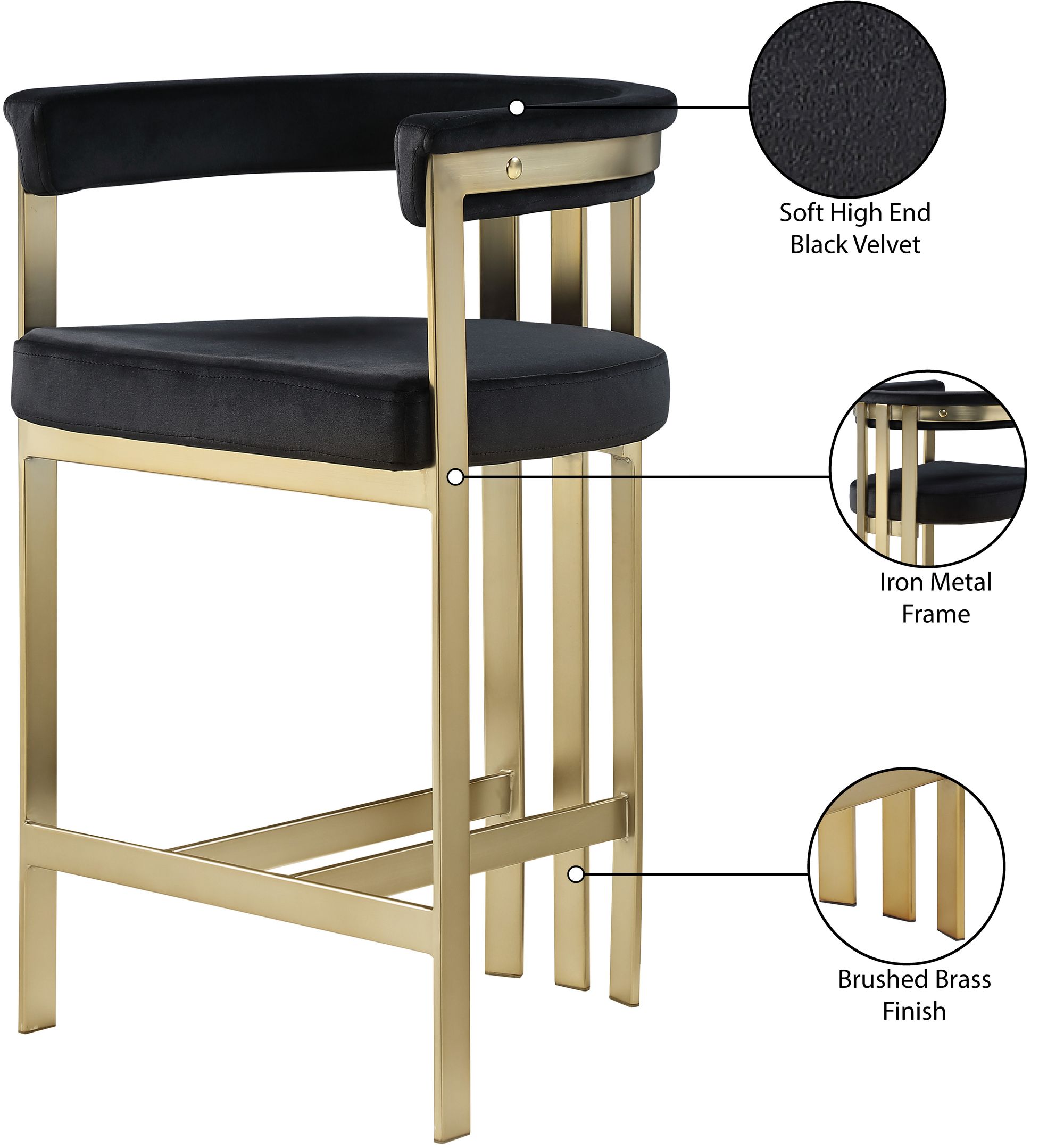 Marcello Velvet Counter Stool with Brushed Brass Frame