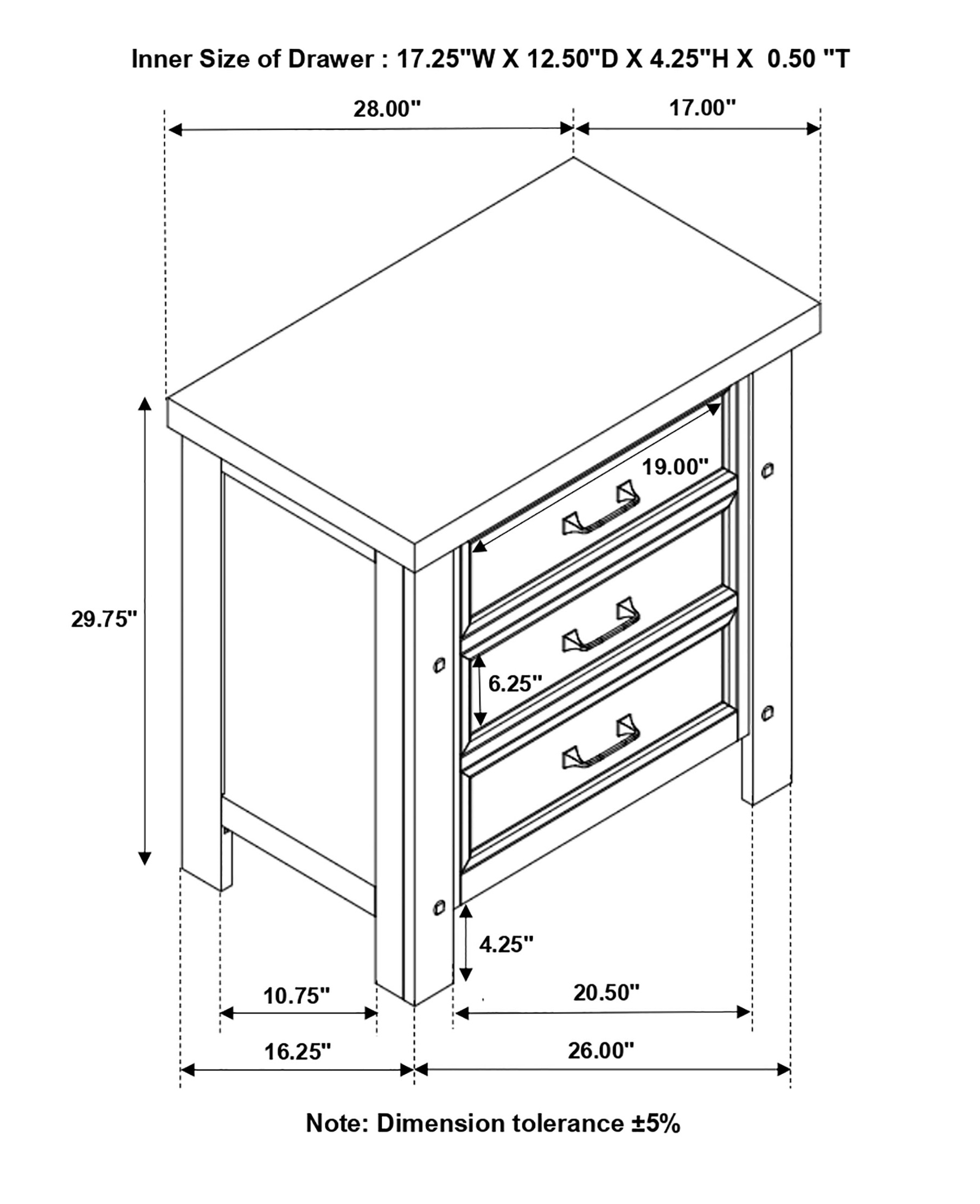 Barstow Wood Nightstand w/3 Drawers & Dual USB