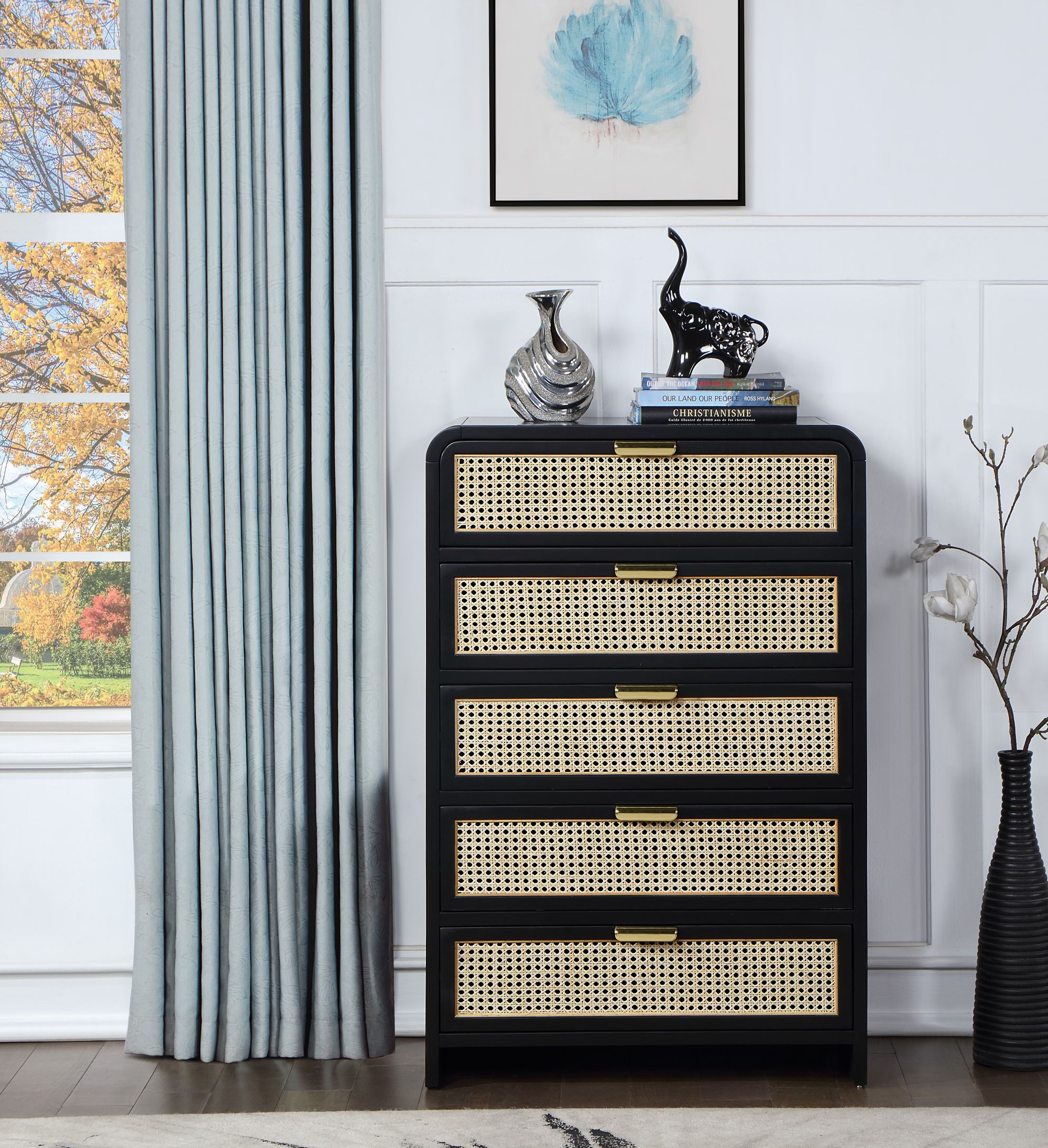 Sage 5-Drawer Wood Chest with Natural Cane Drawer Front