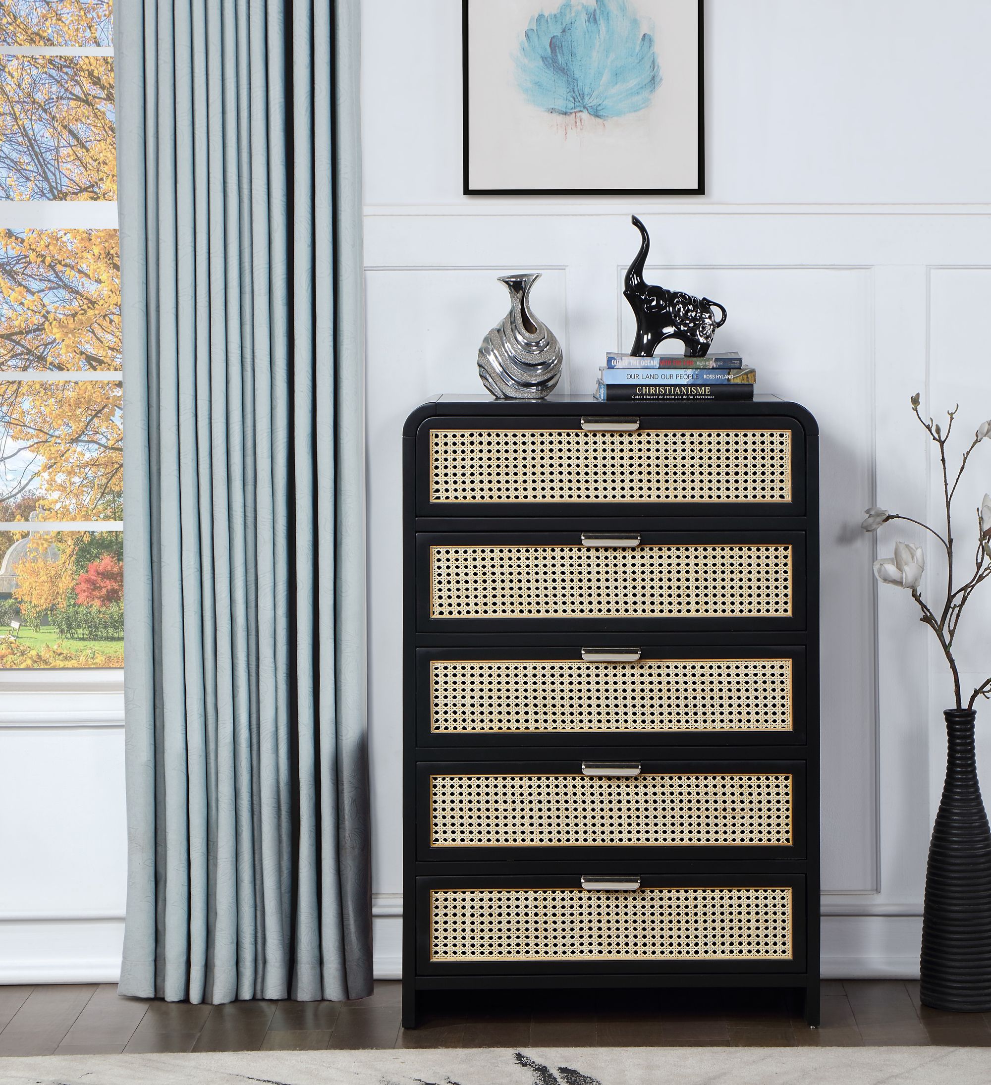 Sage 5-Drawer Wood Chest with Natural Cane Drawer Front