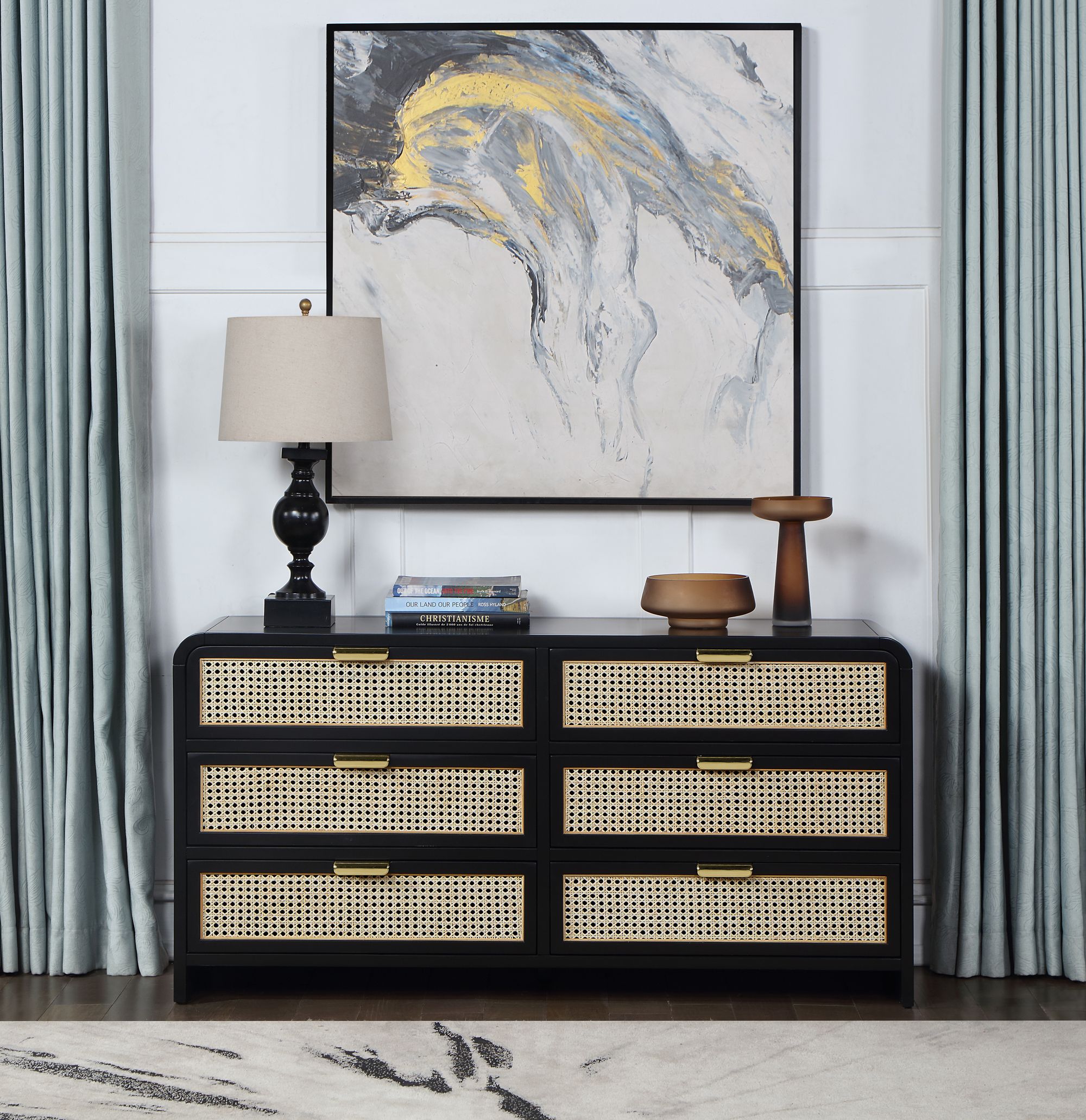 Sage 6-Drawer Wood Dresser with Natural Cane Drawer Front