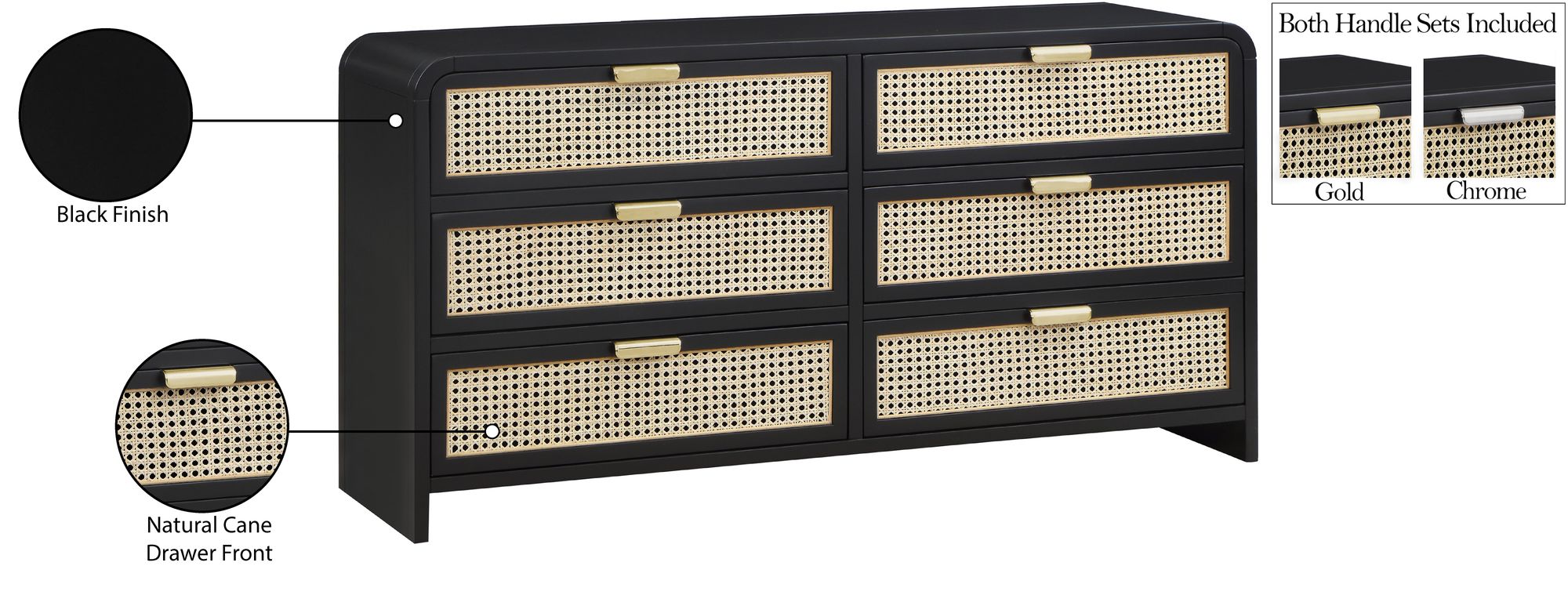 Sage 6-Drawer Wood Dresser with Natural Cane Drawer Front