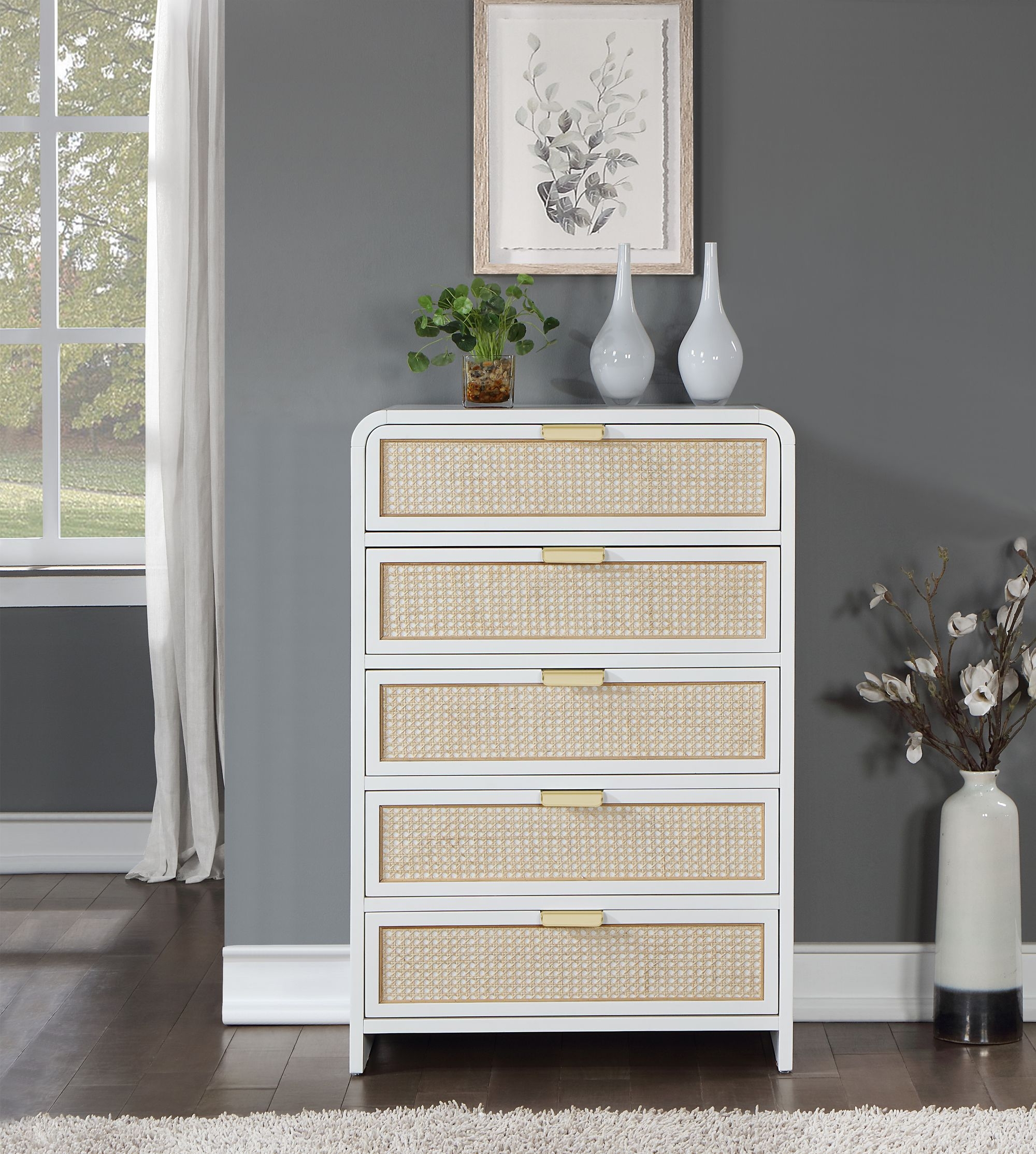 Sage 5-Drawer Wood Chest with Natural Cane Drawer Front