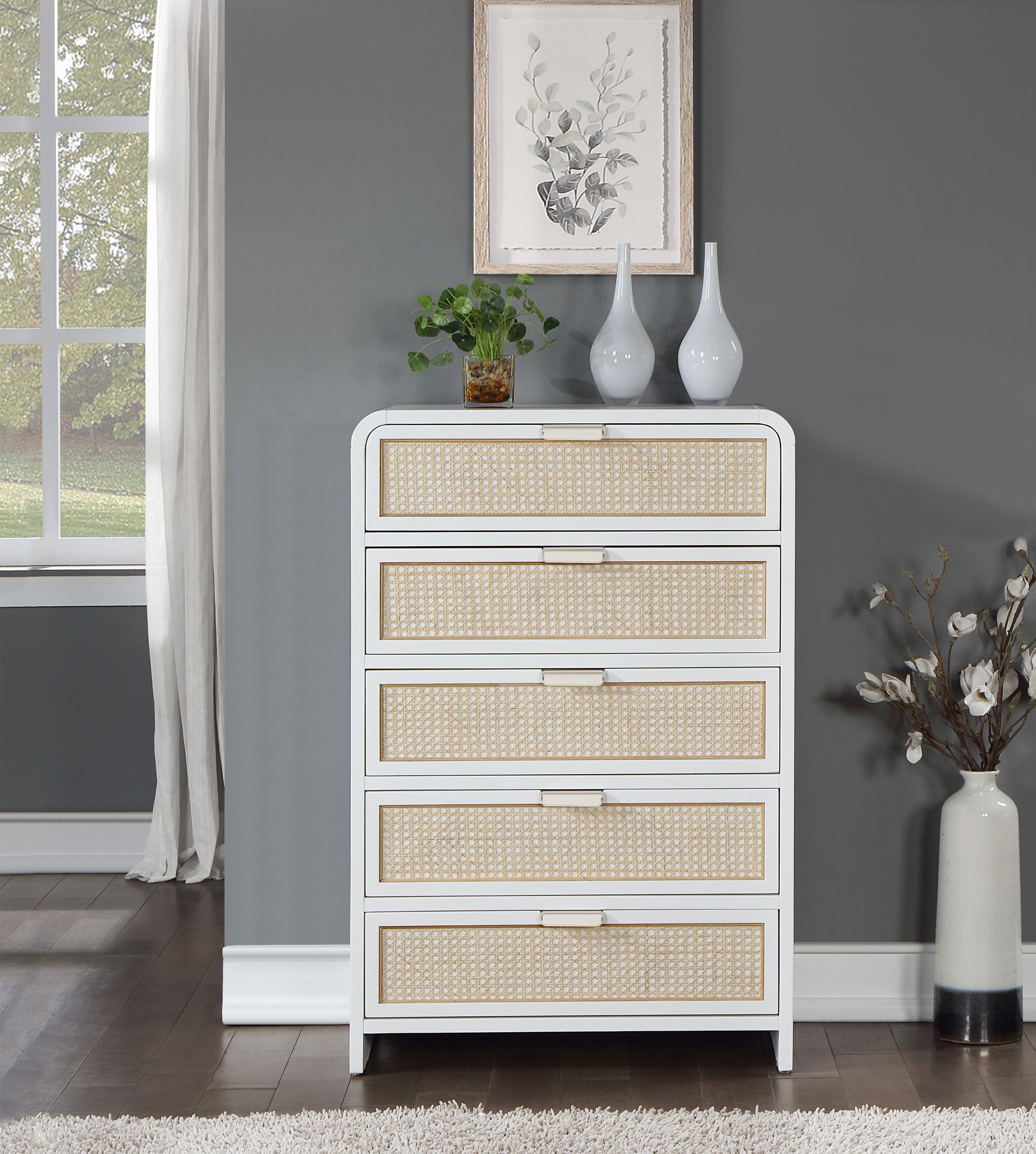 Sage 5-Drawer Wood Chest with Natural Cane Drawer Front