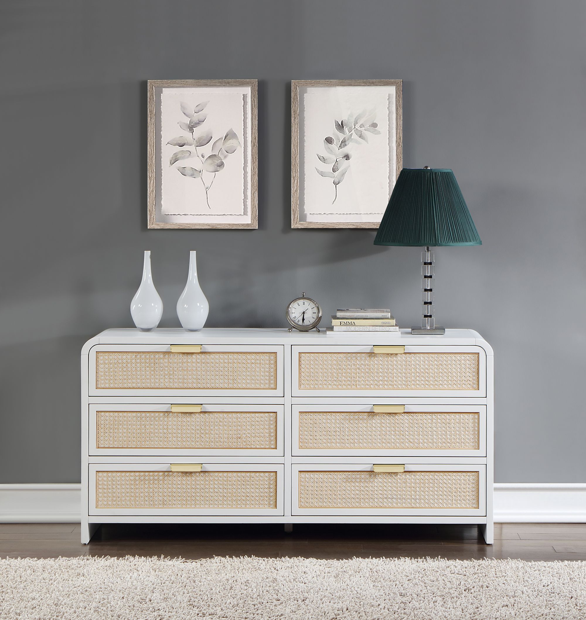 Sage 6-Drawer Wood Dresser with Natural Cane Drawer Front