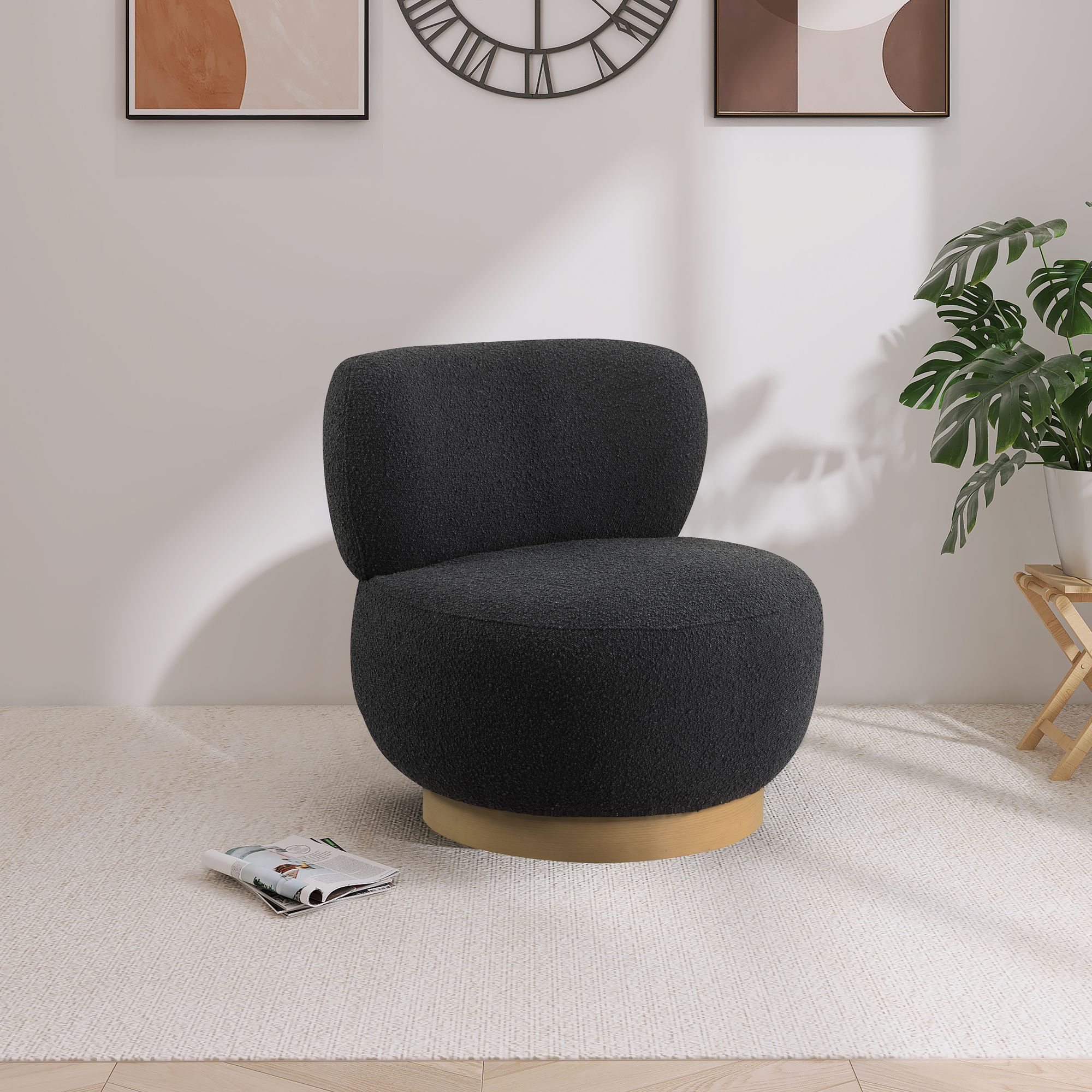 Calais Boucle Fabric Accent Chair with Natural White Oak Veneer Base