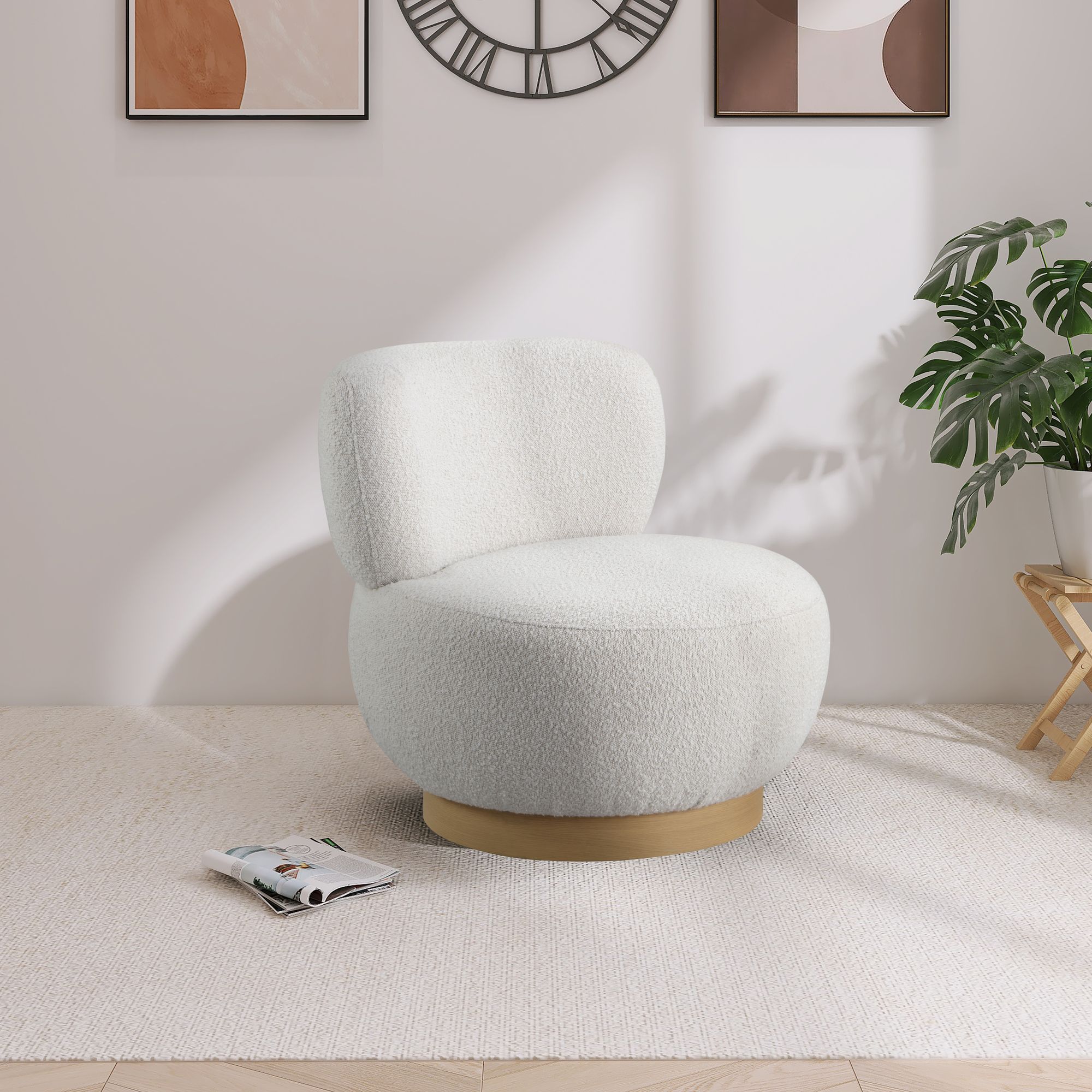 Calais Boucle Fabric Accent Chair with Natural White Oak Veneer Base