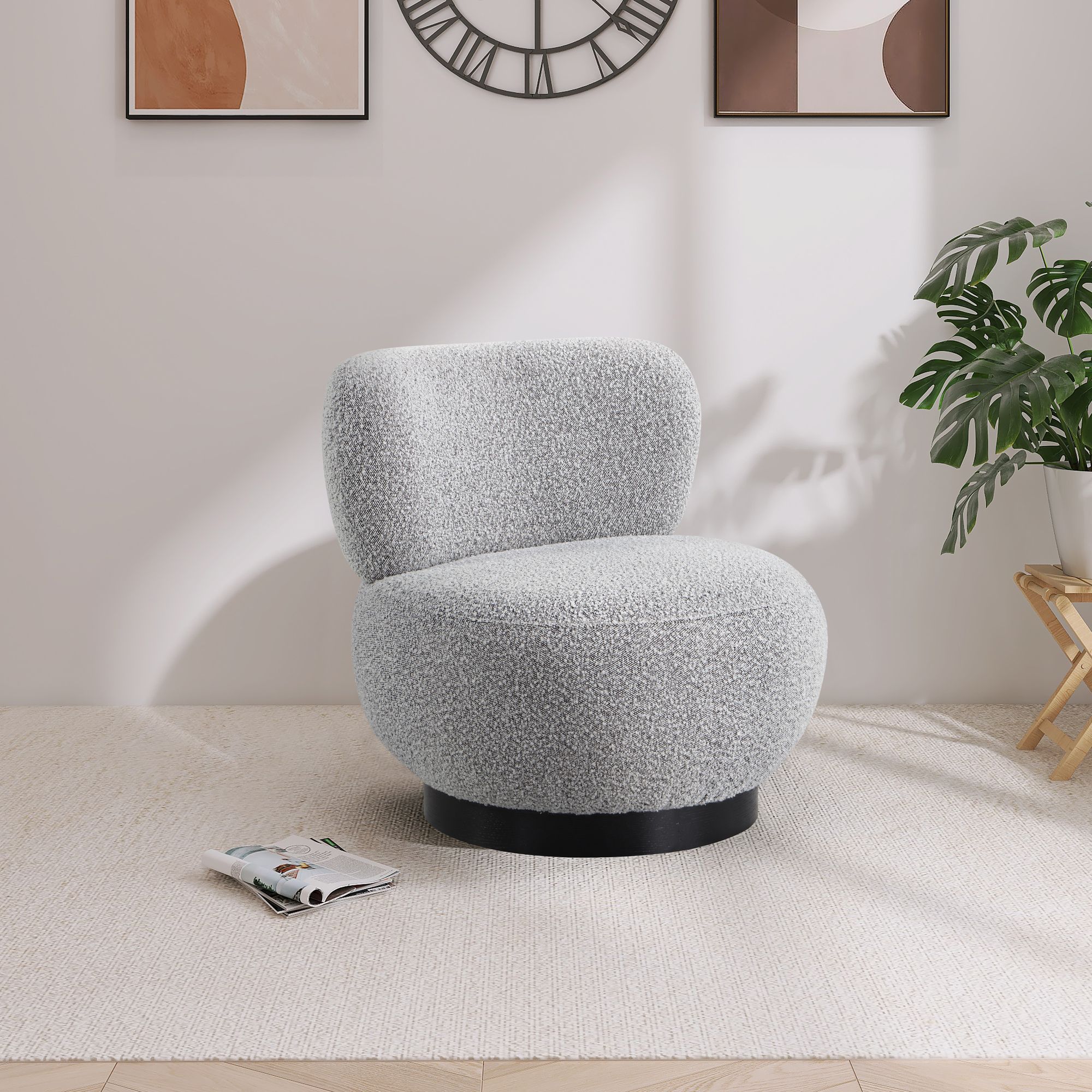 Calais Boucle Fabric Accent Chair with Black Oak Veneer Base